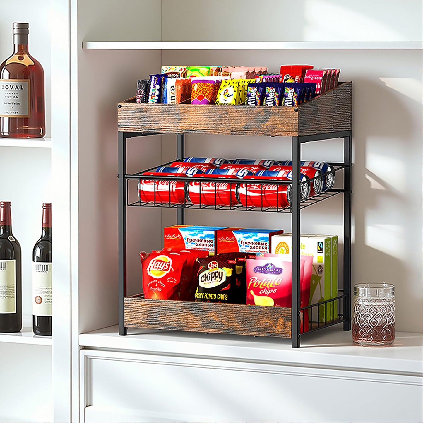 Kssiaz Candy Display Rack, 3 Tier Snack Rack Display for Countertop, Snack Organizer for Pantry, 6 Adjustable Compartment, Retail Display Shelf for Kitchen, Counter, Office, Brown
