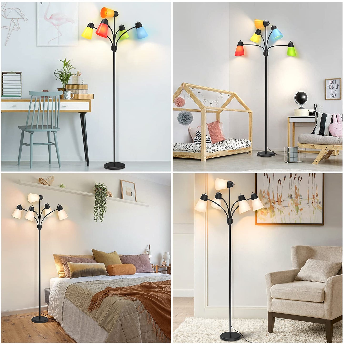 FOLKSMATE LED Floor Lamp, Medusa Multi Head Modern Tall, Rustic Adjustable Reading Standing Light for Living/Kids Room, Bedroom, Black