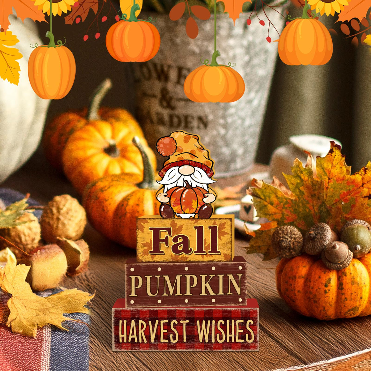 4 Pcs Fall Decorations for Home Thanksgiving Gnome Tiered Tray Decor, Fall Table Decor Farmhouse Rustic Wooden Gnome Pumpkin Block Sign Autumn Tabletop Centerpieces for Home Kitchen Indoor
