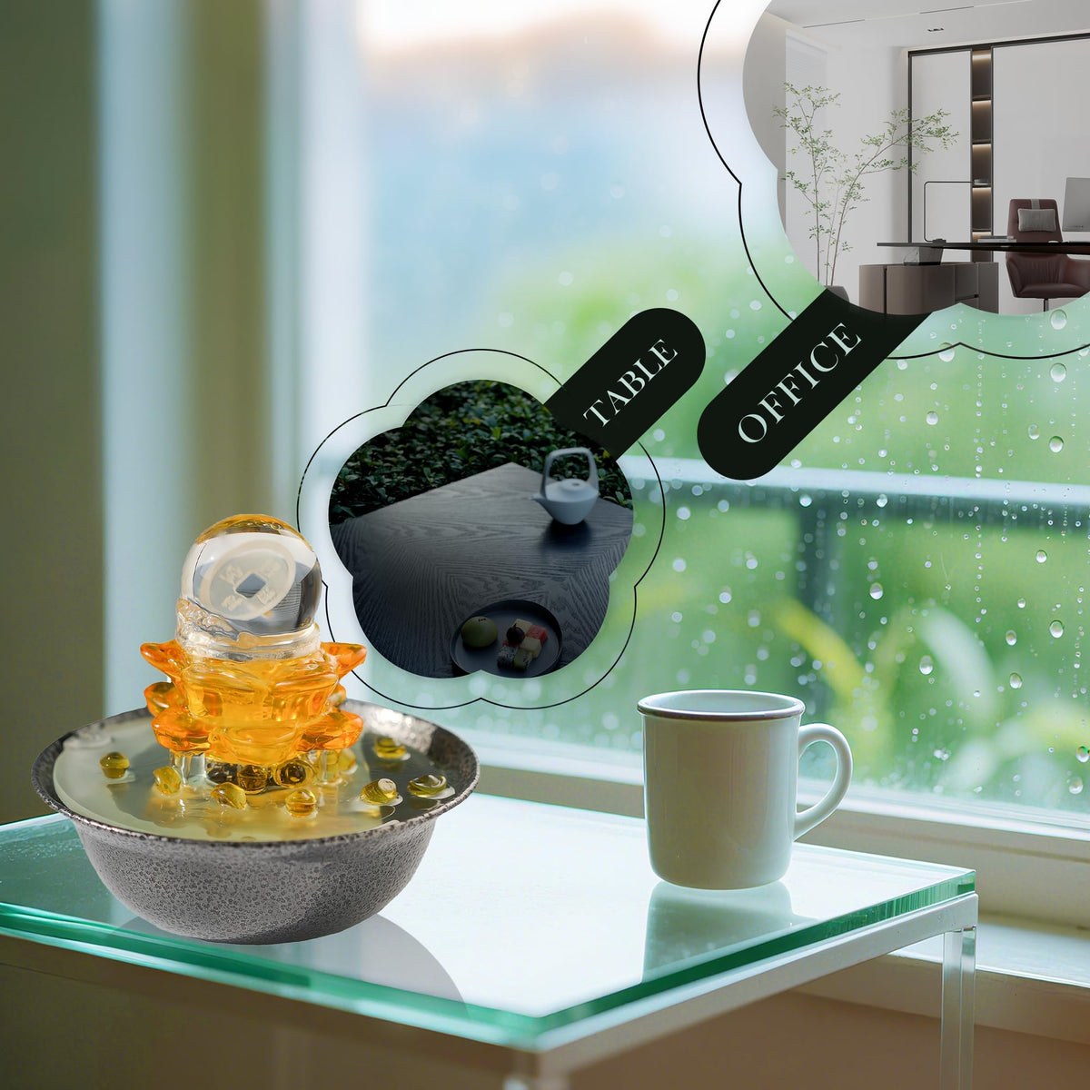 Tabletop Fountain, Waterfall Fountain Indoor, Treasures Shape Fountain Decor, Zen Relaxation Table Fountain,Glass Desktop Fountain for Living Study Room, Tea Room, Office, Yoga Room, Beauty Club