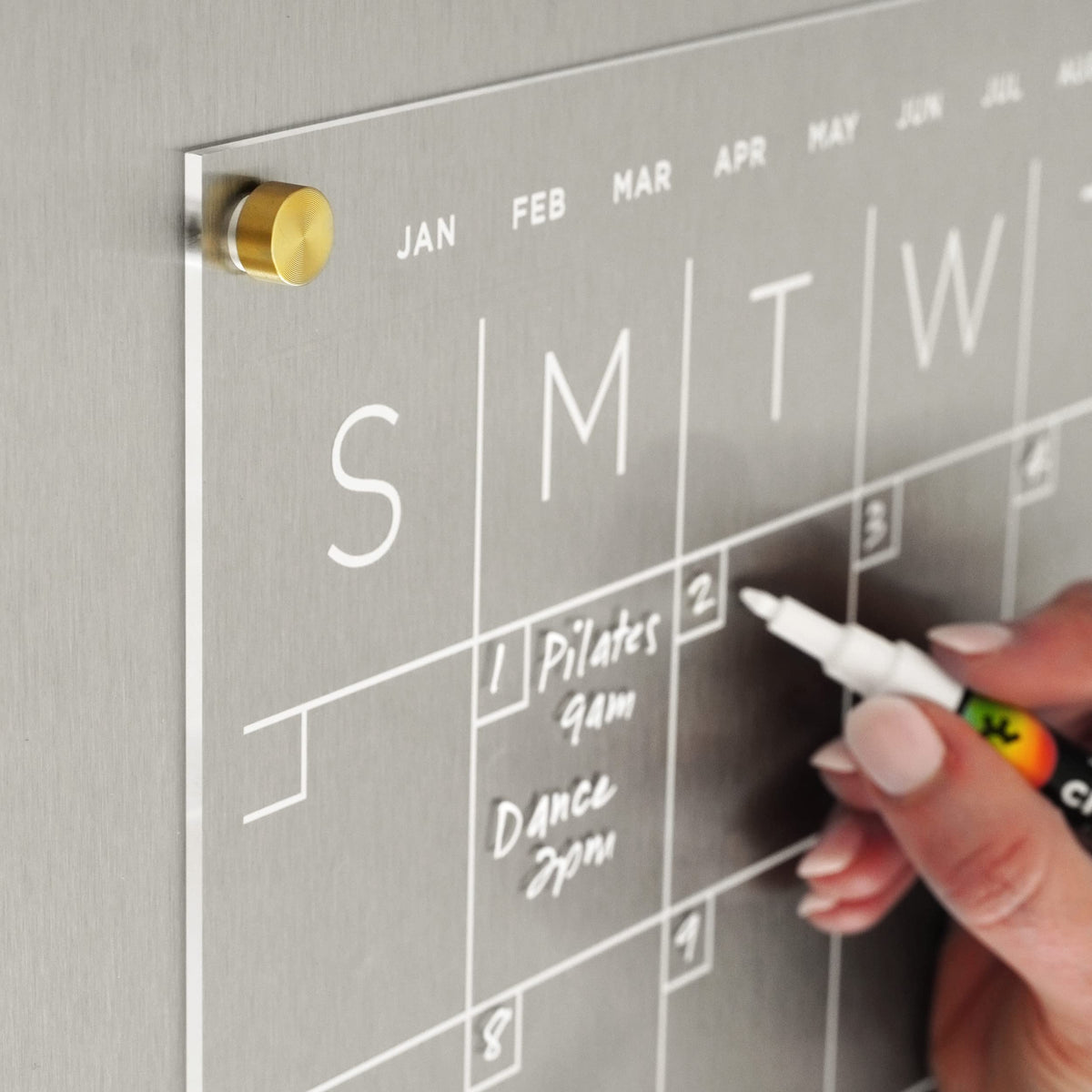 Visibly Magnetic Acrylic Month & Notes Calendar for Fridge, 14” x 18” Clear Refrigerator Planning Board, Includes 4 Magnetic Wet-Erase Markers, Gold Corner Magnets