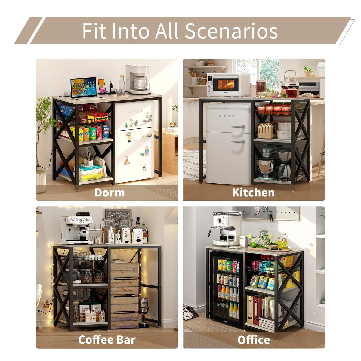 METYERRY Kitchen Bakers Rack with Power Outlet,Mini Fridge Cabinet with Mesh Basket, Mini Fridge and Microwave Table with Storage for Office,Kitchen,Living Room,Coffee Bar,Patio,Greige