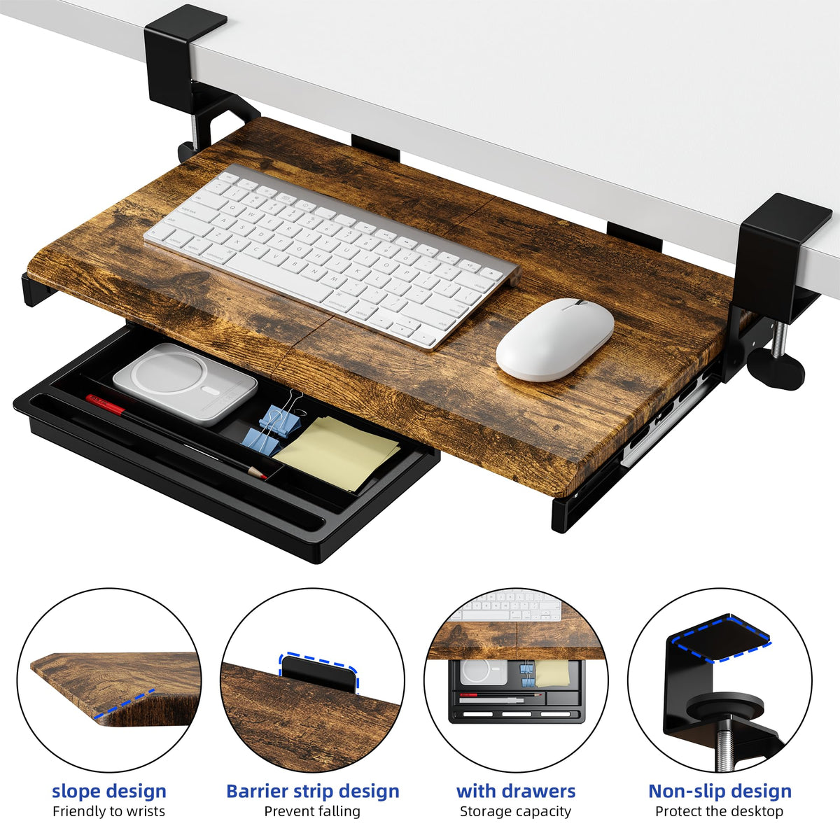 ETHU Keyboard Tray Under Desk, 19.7" X 12.2" Small Size C Clamp Keyboard Drawer Under Desk, Computer Keyboard Stand Slide Pull Out, Ergonomic Keyboard Tray for Home, Office (Wood)