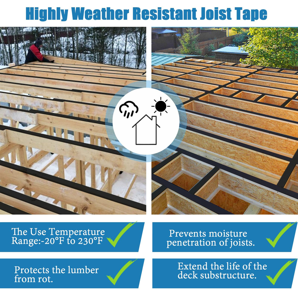 Heelos Joist Tape for Decking 2''×50',10 Pack Weather-Resistant Deck Joist Tape,Waterproof Seal Antiseptic Butyl Joists Tape,Self-Adhesive Flashing Joists Tape for Wood Decks Beams Roof
