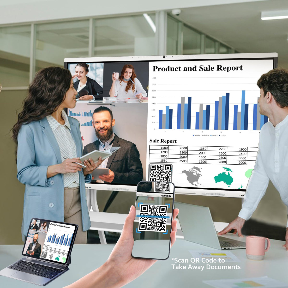 NORQIN Interactive Smartboard 65" 4K UHD Touchscreen Digital Whiteboard with 48MP Camera, 8-Array Microphone, Dual 15W Speakers for Presentation Classroom Conference Office Home (Wall Mount Included)