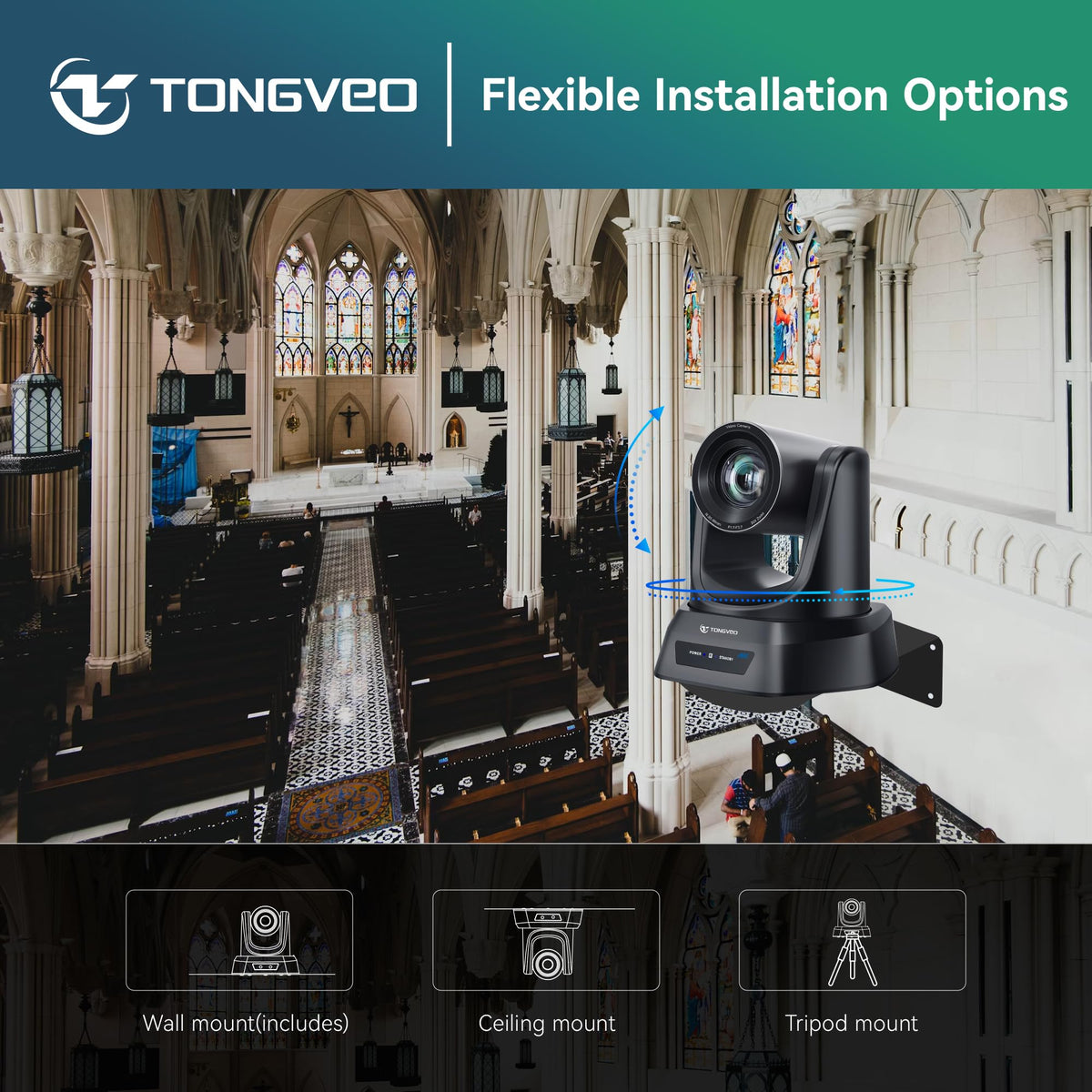 TONGVEO 5.8GHz Wireless Conference Room Camera System with Bluetooth Microphone,20X 60fps PTZ Camera for Worship Online Conference, Works with Zoom, Skype OBS Easy to Set Up