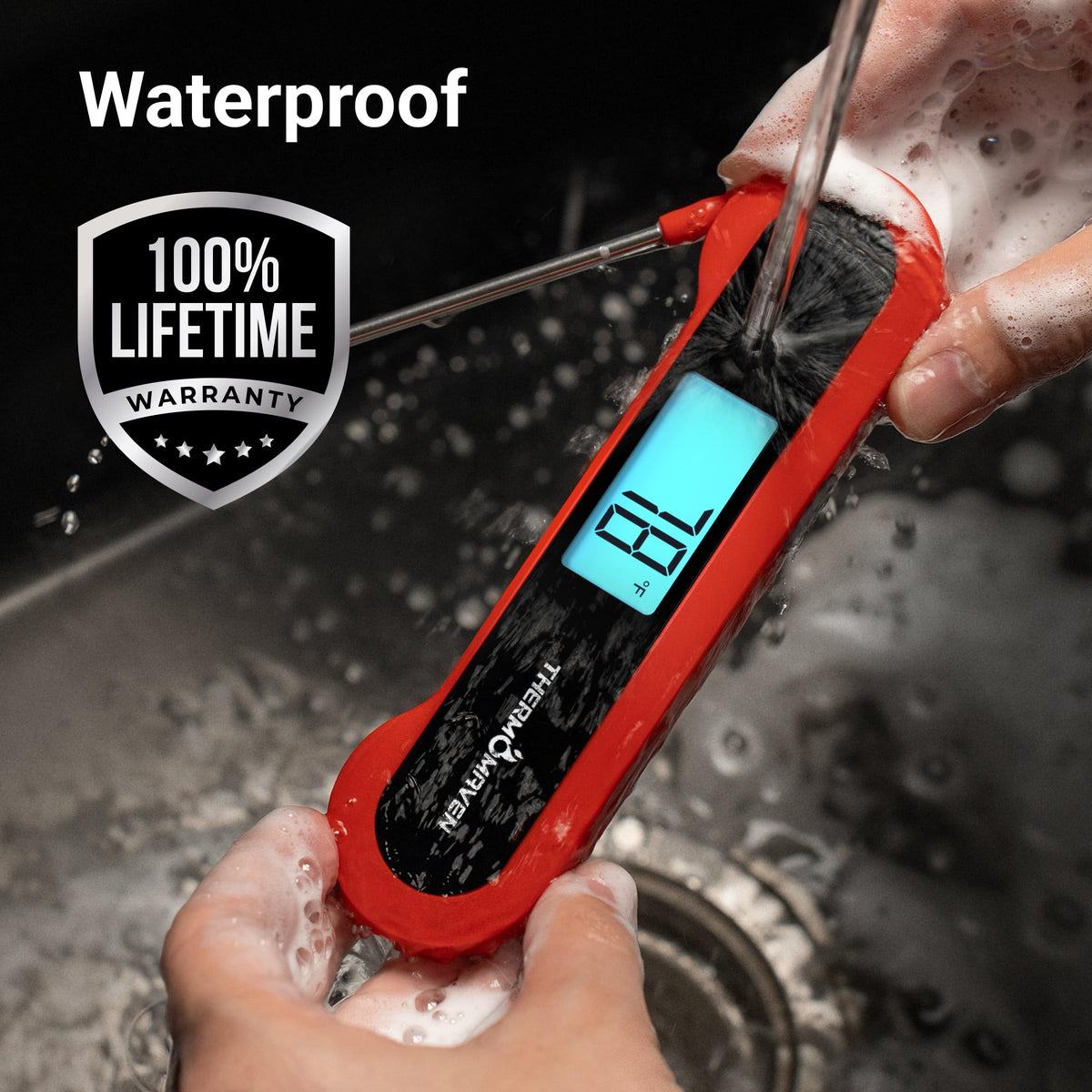 Professional 0.5 Sec Instant Read Meat Thermometer Digital, NIST Certified ±0.5℉ Accuracy, Auto Rotate Large LCD Display, Highly Waterproof Cooking Thermometer for Baking Grill BBQ Smoker Oven, Red