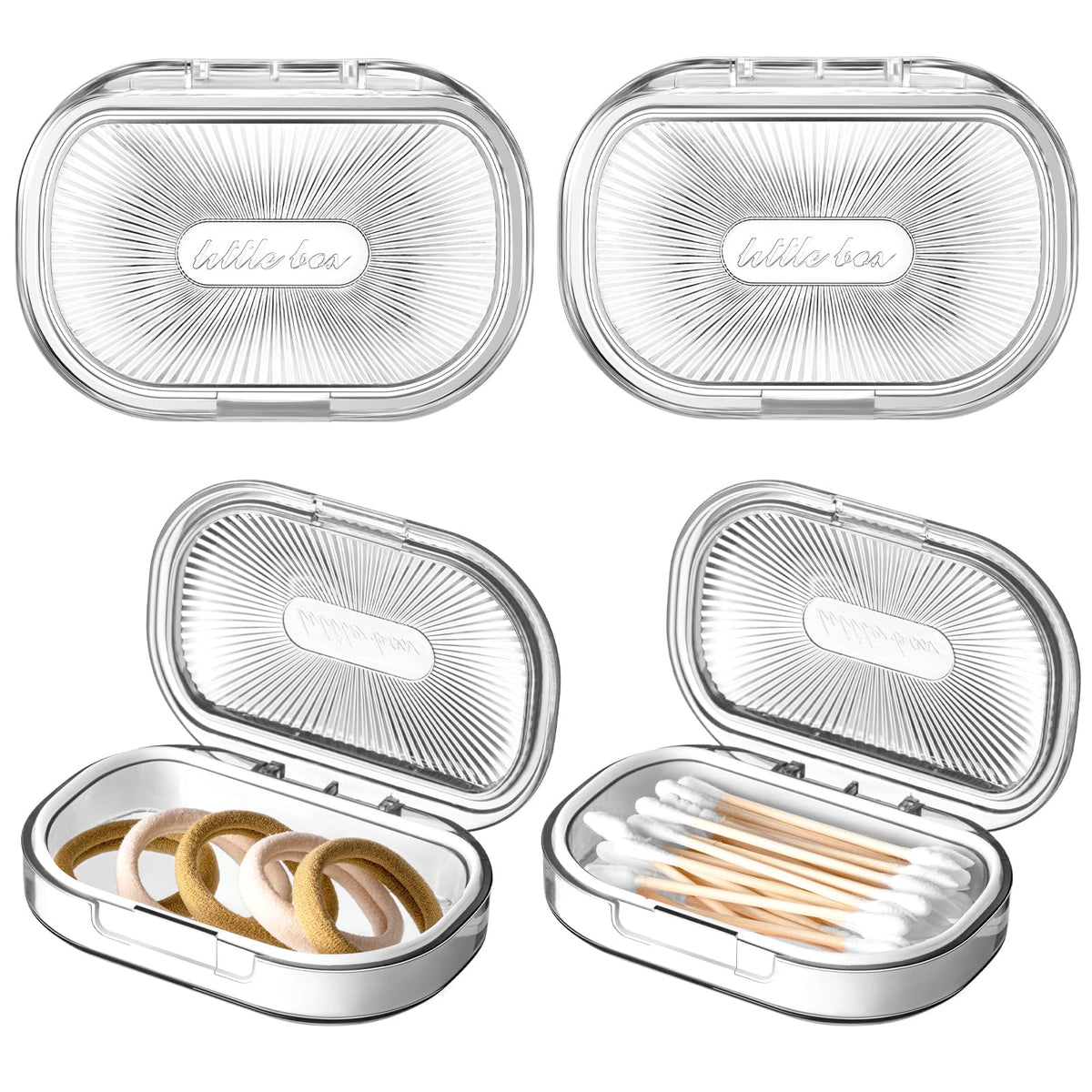 Kigley 4 Pcs Hair Tie Container Small Portable Travel Cotton Swab Holder Flosser Dispenser with Lid Plastic Box Beads Storage Containers for Small Items, 3.94 x 2.76 Inch (White)