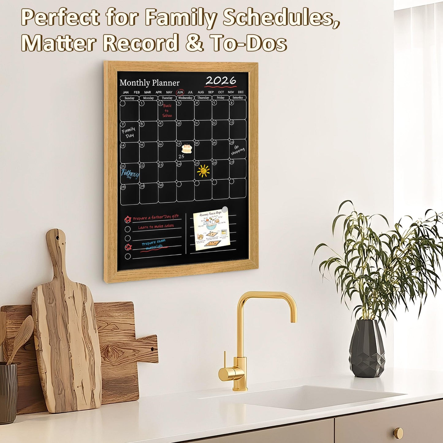 Magnetic Chalkboard Calendar for Wall – 17x13 Monthly Dry Erase Planner with Natural Wood Frame, 2-in-1 Vertical Memo & to-Do Board