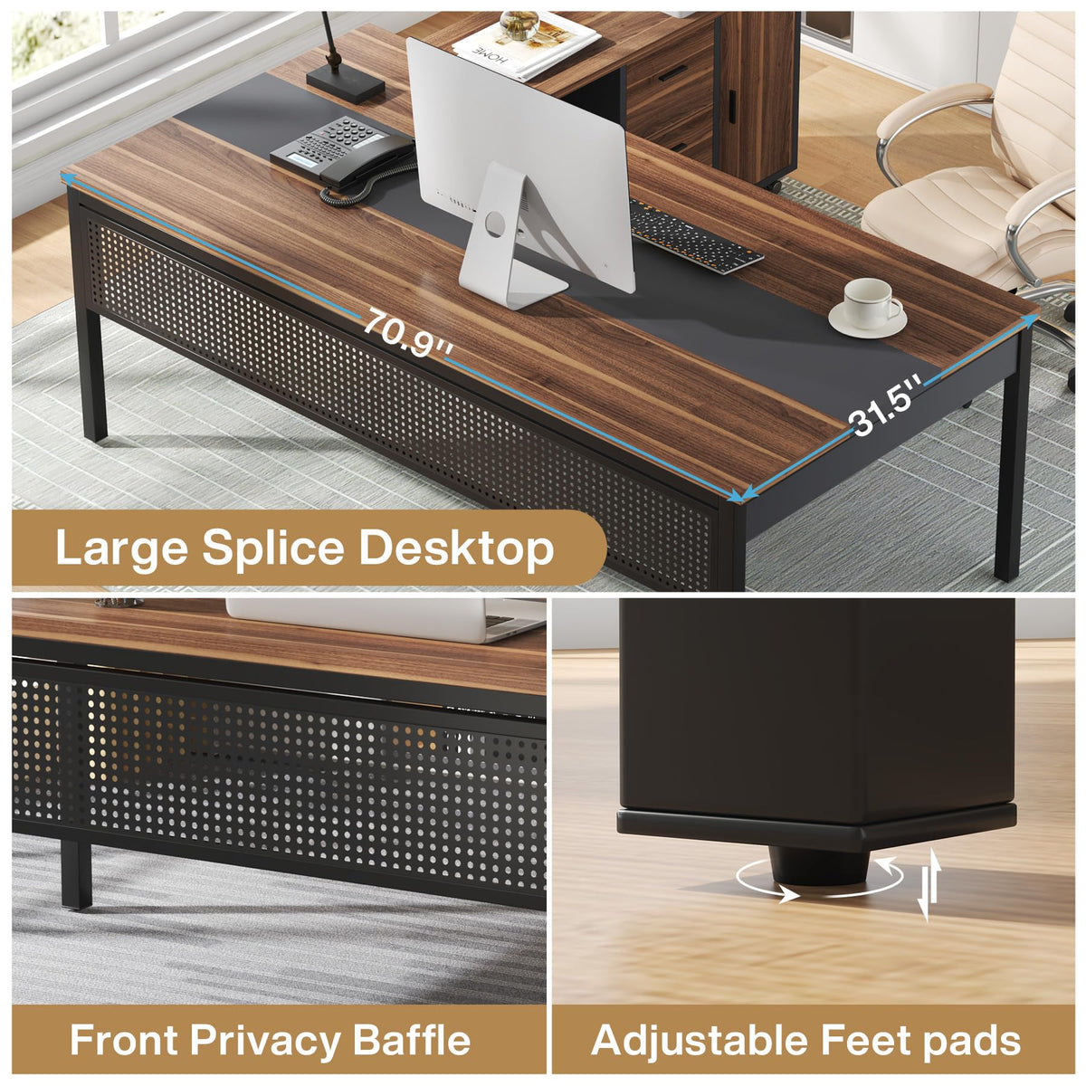 Tribesigns 71 Inch Executive Desk, L-Shaped Desk with Mobile File Cabinet, Executive Office Table with 2 Drawers and Storage Shelves, Business Furniture Workstation for Home Office, Walnut and Black