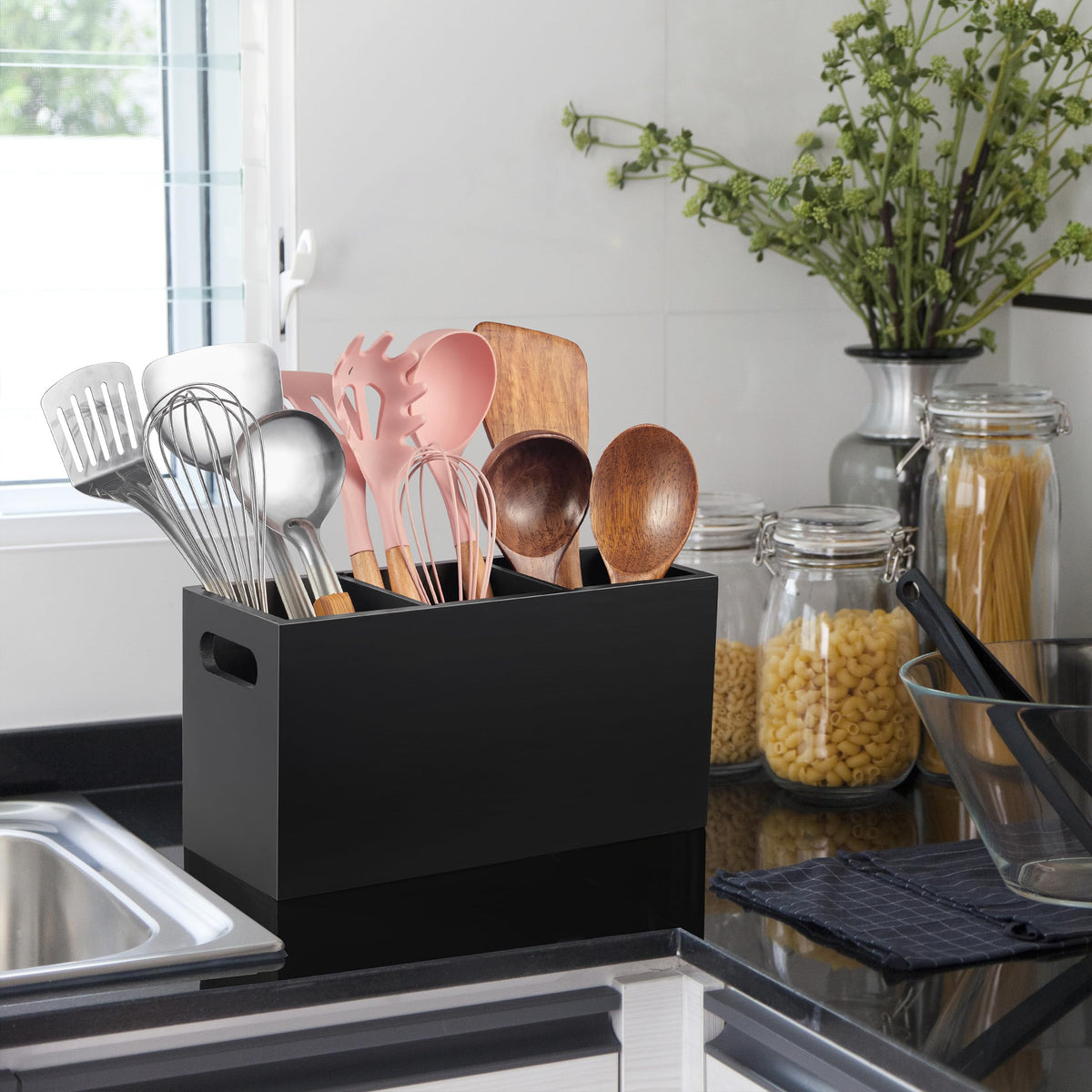 ALELION Black Kitchen Utensil Holder for Countertop - Wooden Large Utensil Caddy Organizer for Counter - 3 Compartment Cooking Utensil Crock for Silverware Spoon Spatula