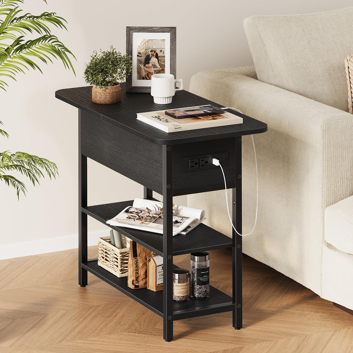 Yoobure End Table with Charging Station, Flip Top Side Table with USB Ports and Outlets, Sofa Couch Table Bedside Table for Living Room Bedroom, Narrow Nightstand with Storage Shelves for Small Space