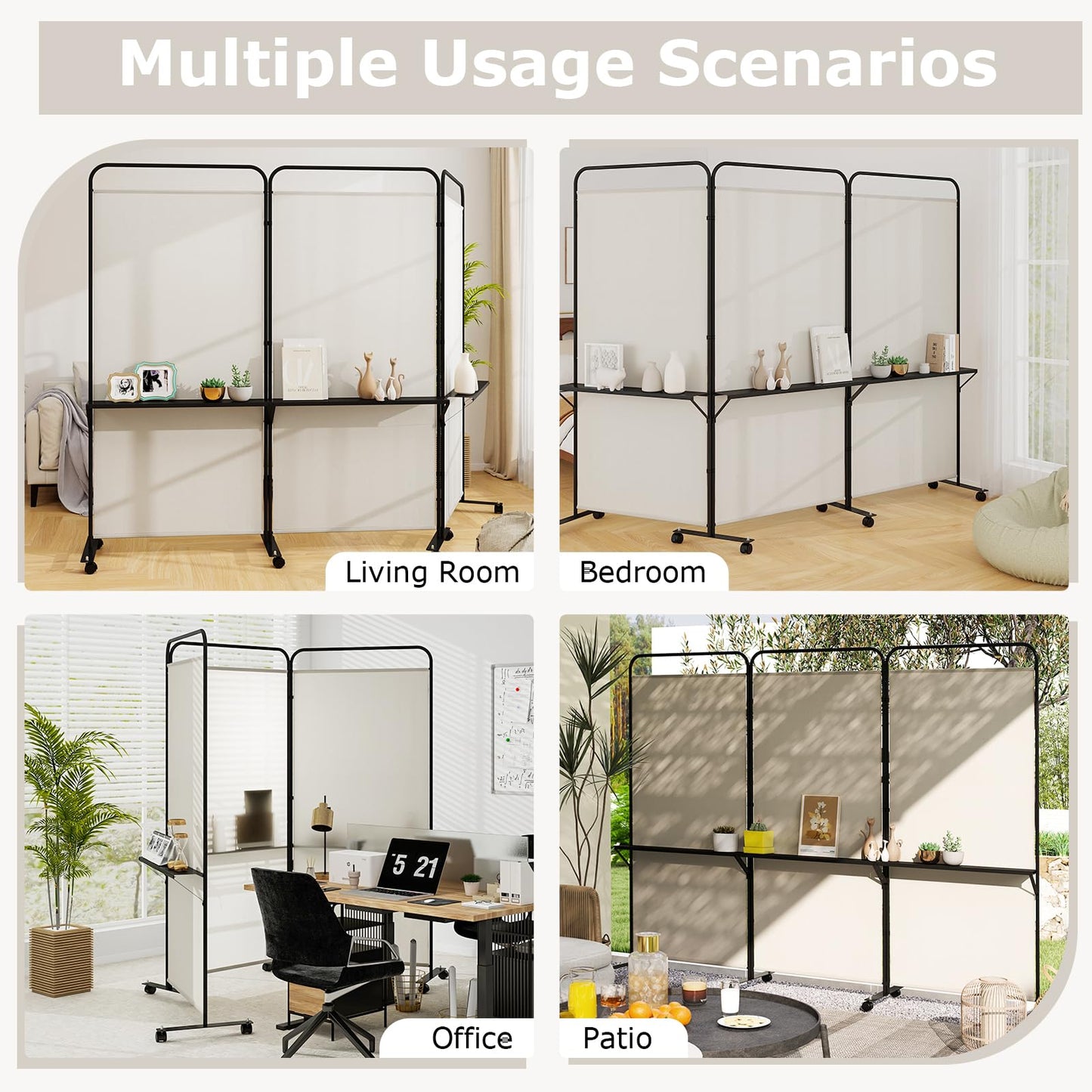Giantex 3 Panel Room Divider with Wheels and Shelves, 103" W x 74" H Folding Privacy Screen, Rolling Partition Separator for Home Office Studio, Fabric Wall Divider for Room Separation (Beige)