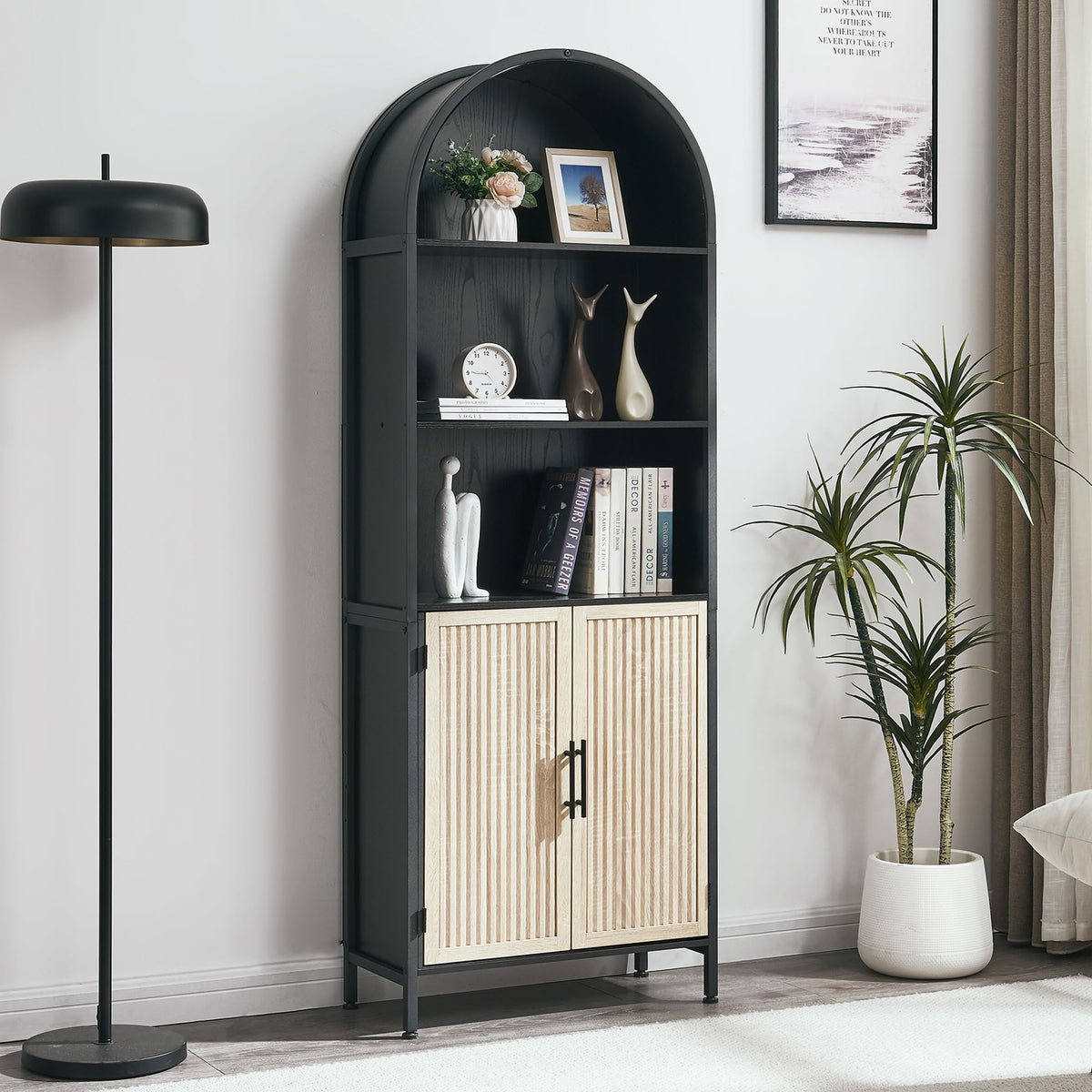 VIPLUMI Arched Bookcase Book Shelf with Doors, 5 Tier Display Bookshelf Tall Cabinet with Storage, Industrial Floor Standing Bookshelves Open bookcases for Home Office, Living Room(Oak&Black)