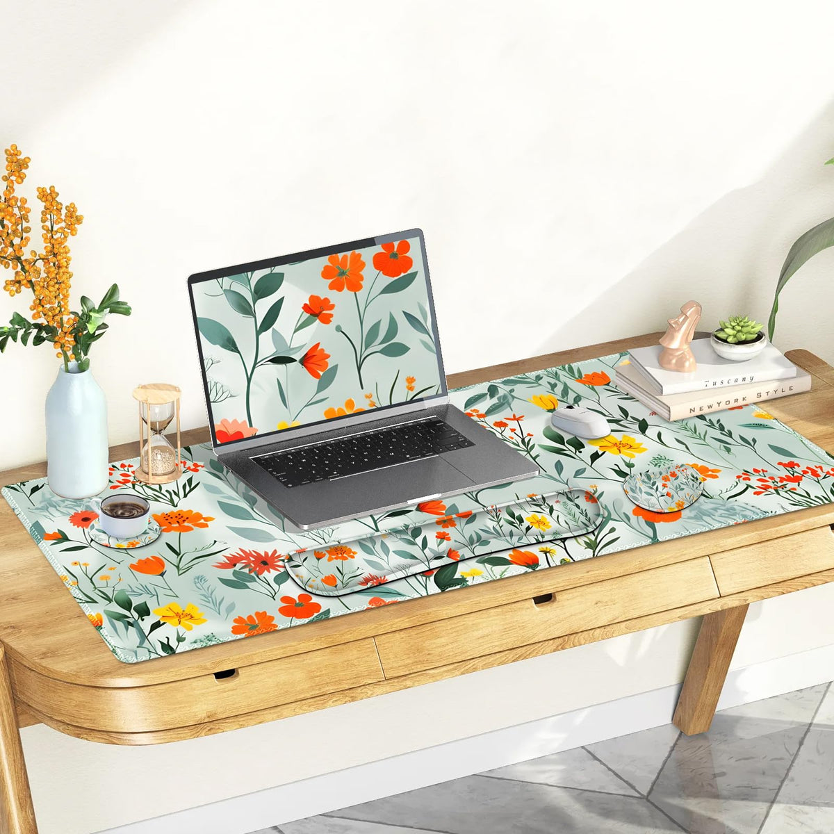 NXZGO Large Gaming Mouse Pad Set, 4 in 1 Ergonomics Keyboard Desk Mat Memory Foam Wrist Rest, Computer PC Extended Game Mousepad, Non-Slip Desk Matt Easy Typing Pain Relief I Blooming Orange Florals