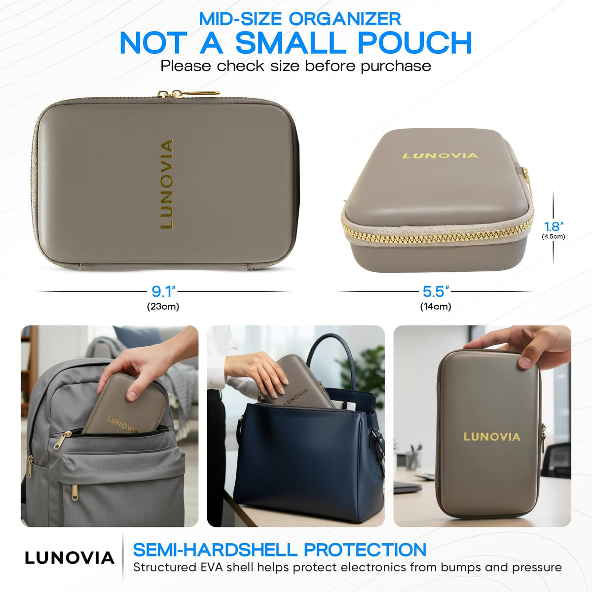 Lunovia Hard Shell Tech Organizer – Protective Travel Case for Cables, Chargers & Accessories | Mid-Size Electronics Organizer with Removable Pouches