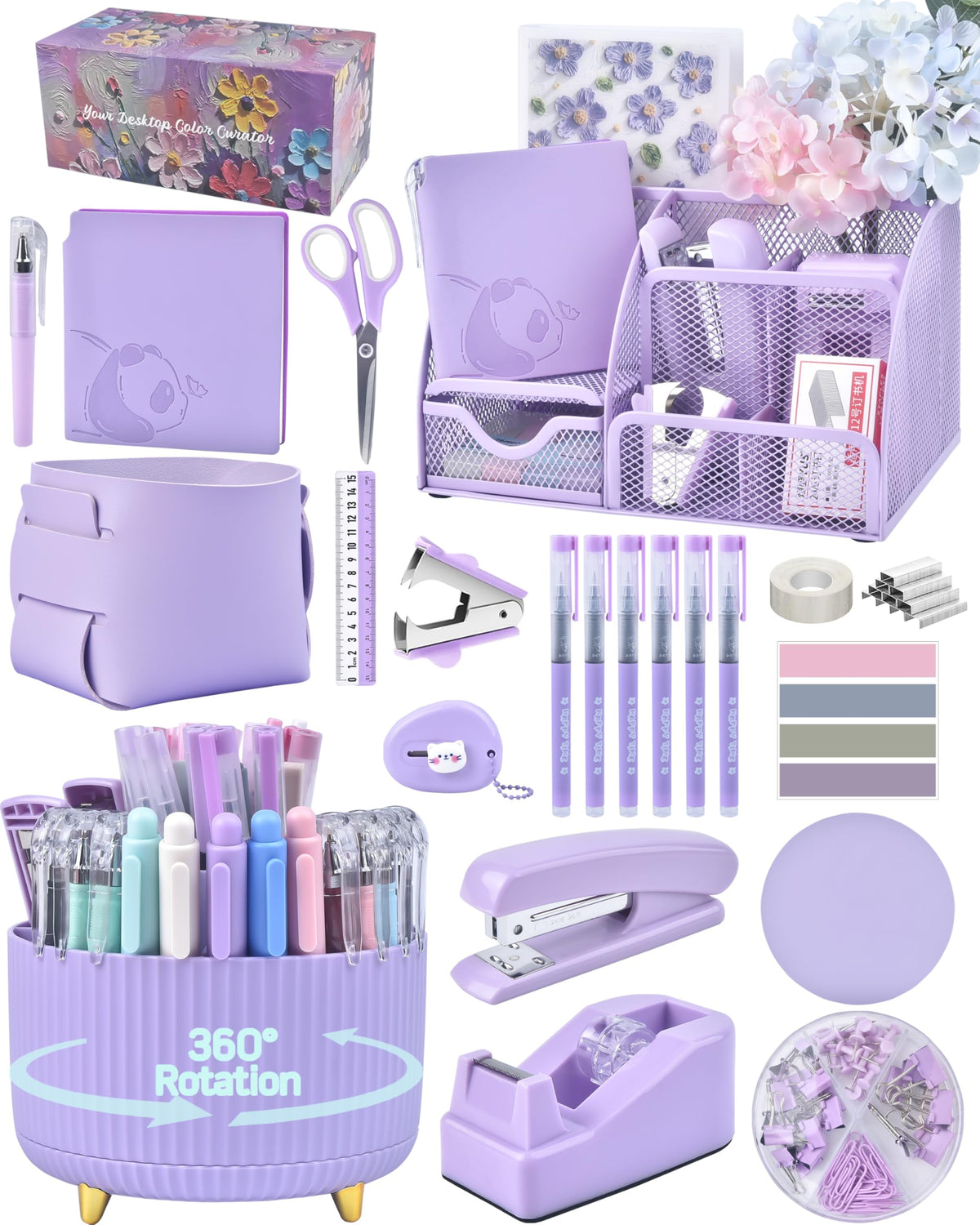 Vamrak Purple Desk Accessories and Organizers with Desk Organizer and 360°Rotating Pen Holder stapler Pen and a Lot of Office Purple Office Supplies Beautifully Presented in a Gift Box