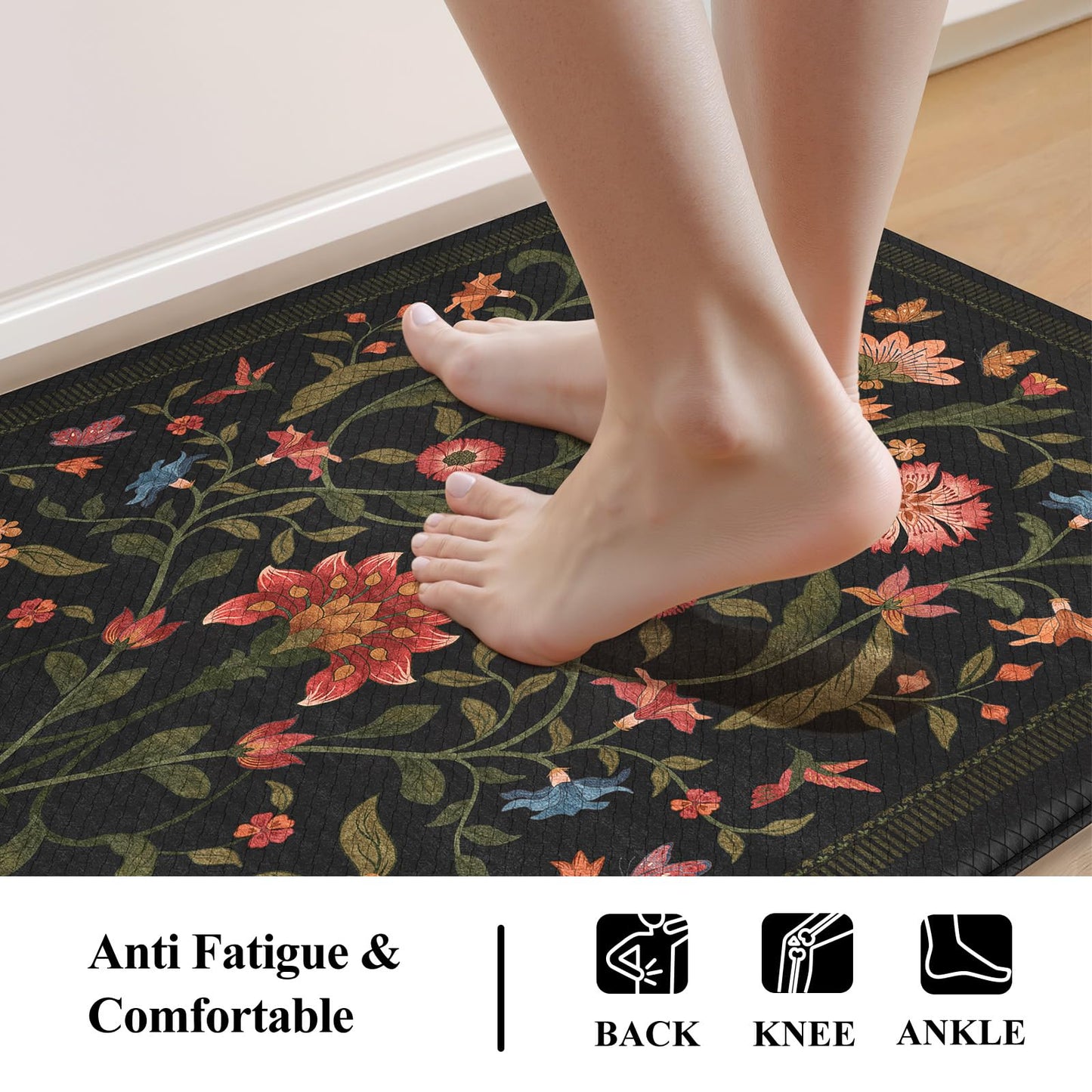 Collive Kitchen Mats for Floor 2PCS, Cushioned Anti Fatigue Mat Non Slip Waterproof Kitchens Sink Rug, Floral Comfort Padded Standing Mat for Laundry, Desk, Bar, Office, 17.3"x29"+17.3"x47", Black