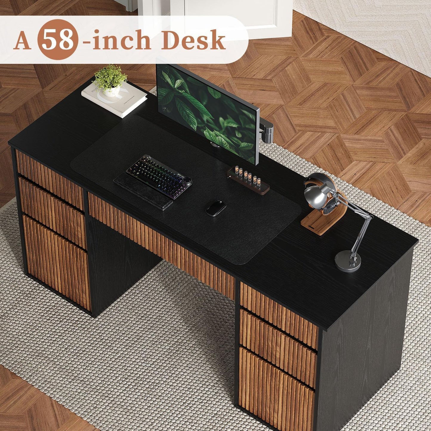 4 EVER WINNER Black Desk with Drawers, 58" Executive Office Desk with 7 Drawers and Hidden Handle, Computer Desk with File Cabinets for Living Room Study Table for Bedroom, Black
