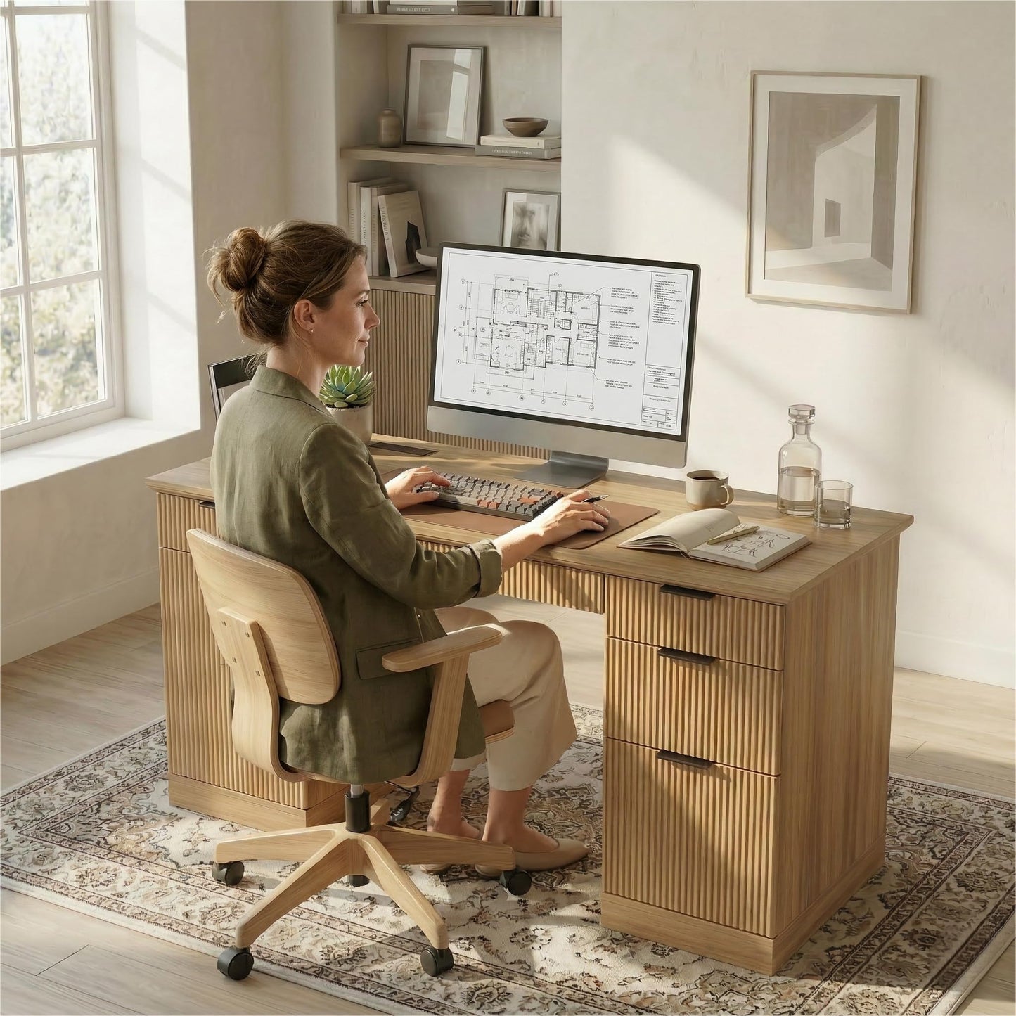 FURSUN 58" Executive Desk with Charging Station & File Drawer, Modern Fluted Home Office Desk with 5 Drawers & Keyboard Tray, Large Computer Writing Desk, Natural Oak