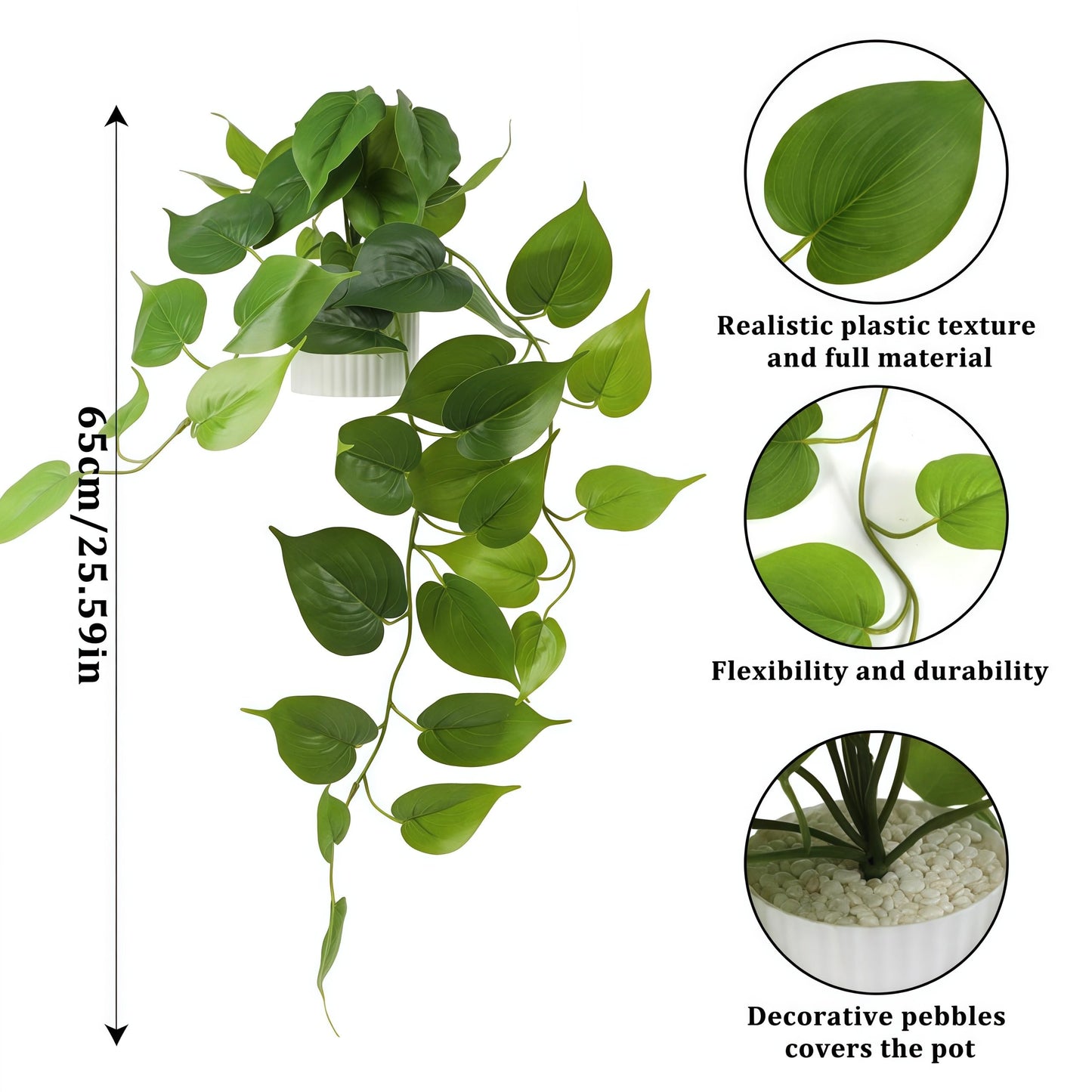 WucaFl Fake Pothos Hanging Plant – Artificial Plastic Ivy Vines with White Pot, Realistic Faux Greenery for Indoor Home Office Bathroom Shelf Cabinet Decoration