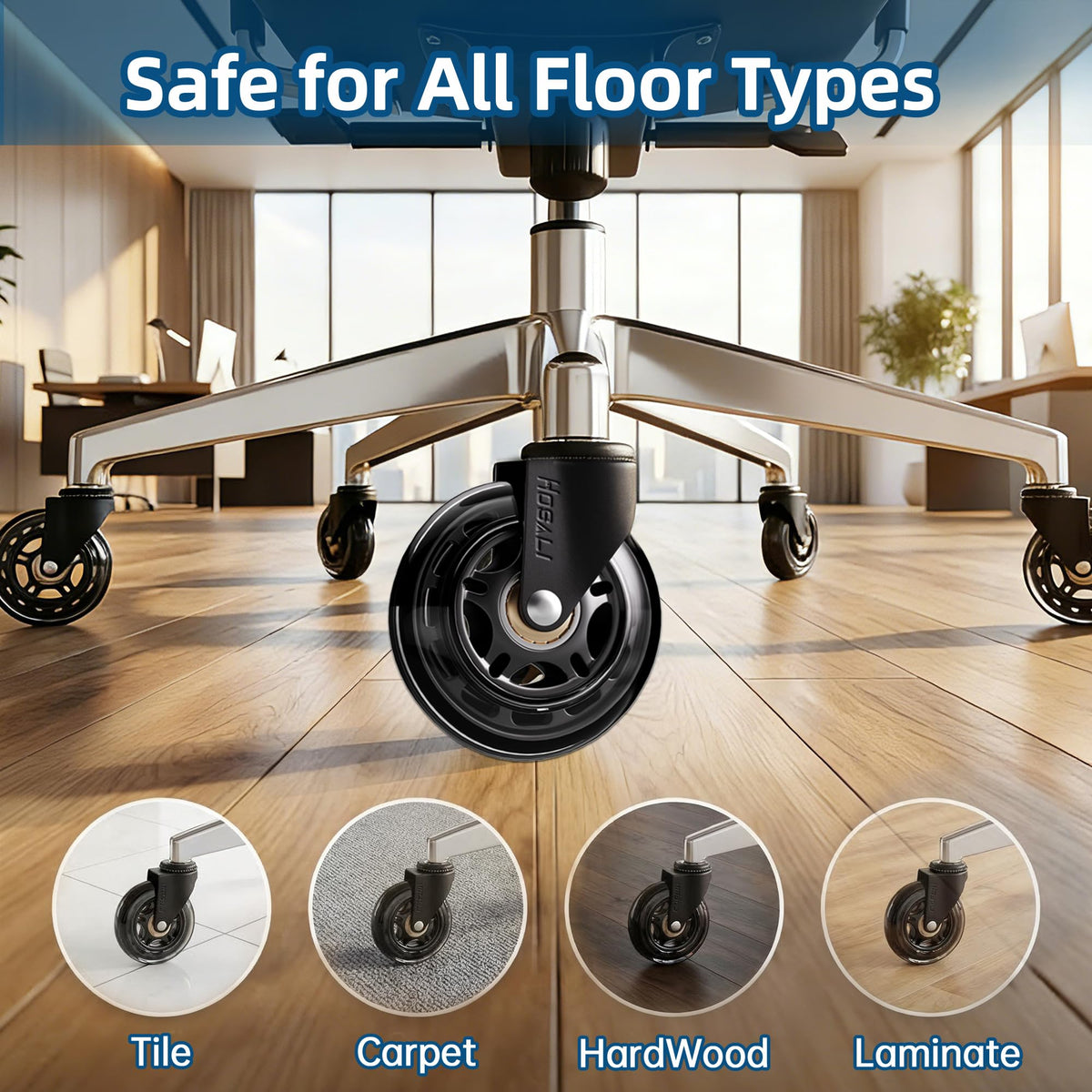 HOSALI 3 Inch Office Chair Wheels - Rubber Chair Casters Replacement, Heavy-Duty Computer Gaming Desk Caster Wheel Smooth & Safe Rolling for All Floors Including Hardwood and Carpet, Set of 5