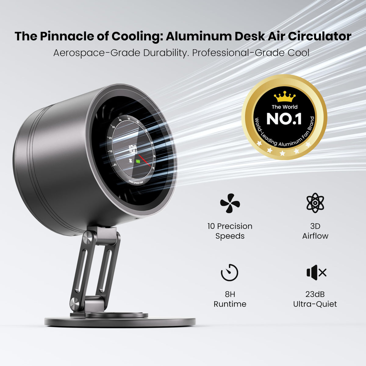 Yibest Titanium Alloy USB Desk Fan, Foldable 3D Airflow Desk Air Circulator, 23dB Quiet BLDC Motor,10 Speeds with LED Display for Home, Office & Outdoor