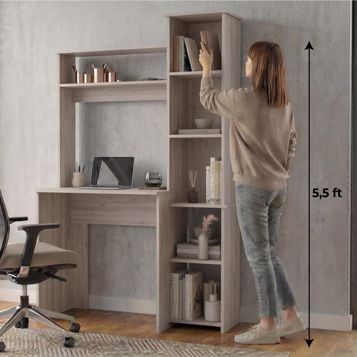 Tuhome Versalles Writing Desk with Two Superior Shelves, Five Side Open Storage Compartments, Space-Saving Modern Workstation Design for Studios and Offices, Ideal for Organization