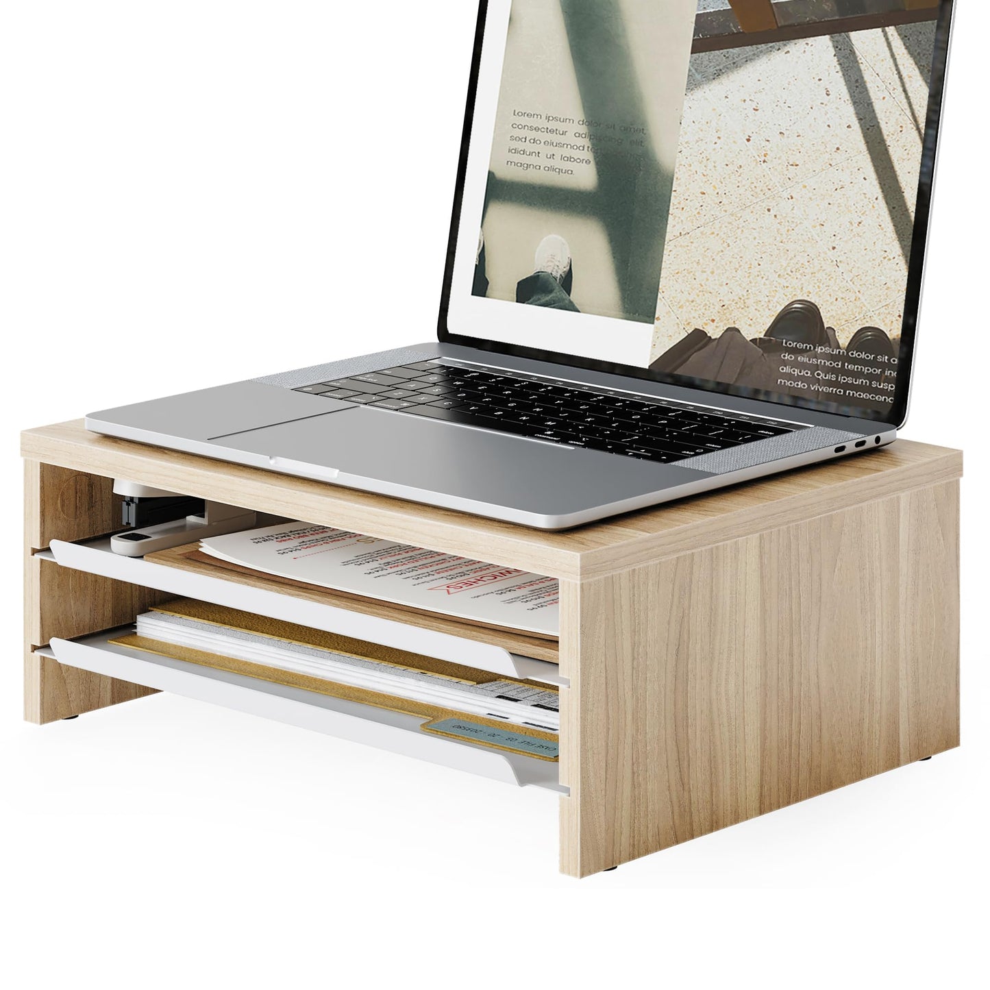 Fenge Monitor Stand, 3-Tier Monitor Riser with Slide-Out Tray, Wooden and Metal Desktop Organizer for Home Office, Computer, Laptop, Printer, Telephone