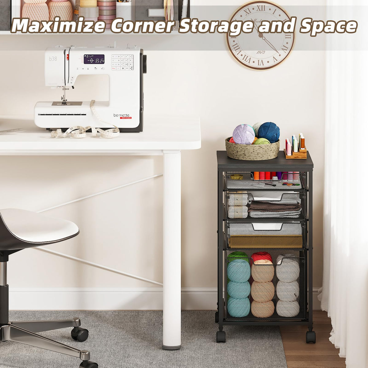 Sbanmao 3 Drawers Rolling Storage Cart, Utility Cart with Wooden Tabletop, Rolling Storage Drawer Cart with Lockable Wheels, Storage Craft Cart for Bedroom, Bedroom, Office, Black