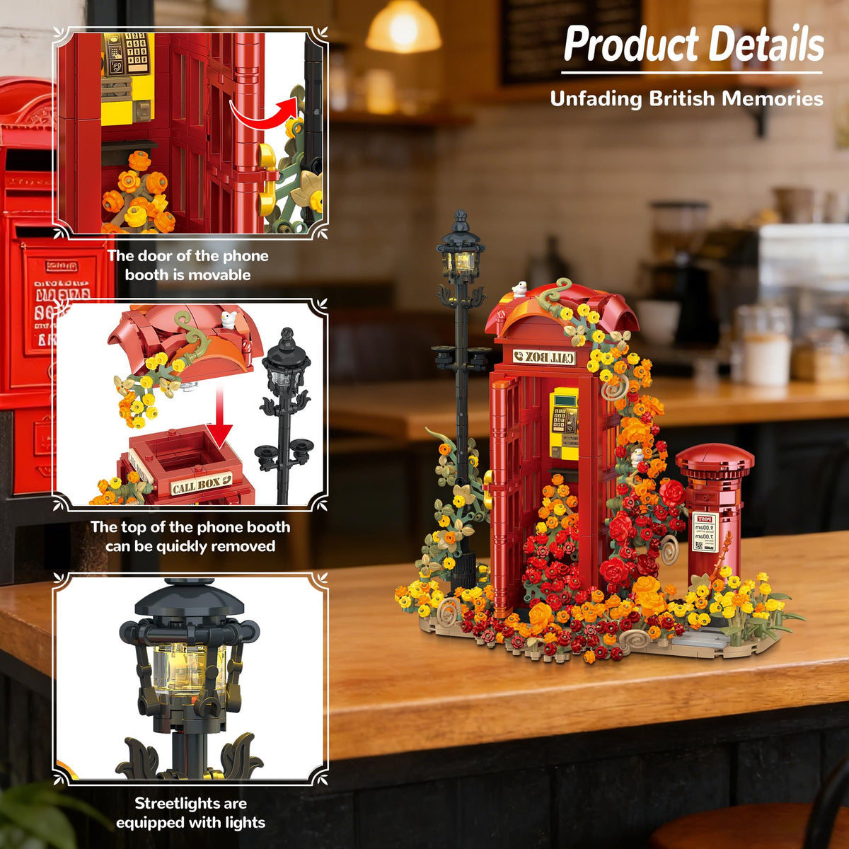 chanbrick Red London Telephone Box Building Set with Roses Flower for Adults Girls, Mailbox Phone Booth Retro Model Souvenir for Home or Office Decor - 1142PCS