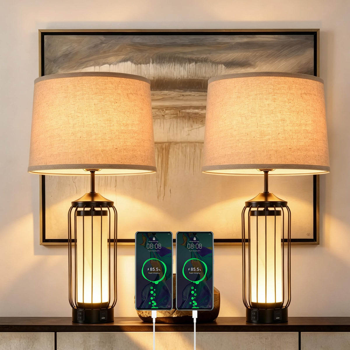 WELAISA-2 Pack Farmhouse Table Lamps for Living Room, Rustic Nightstand Lamp for Bedroom with USB A+C Charging Ports, Frosted Glass Bedside Lamp with Night Light for Entryway End Table