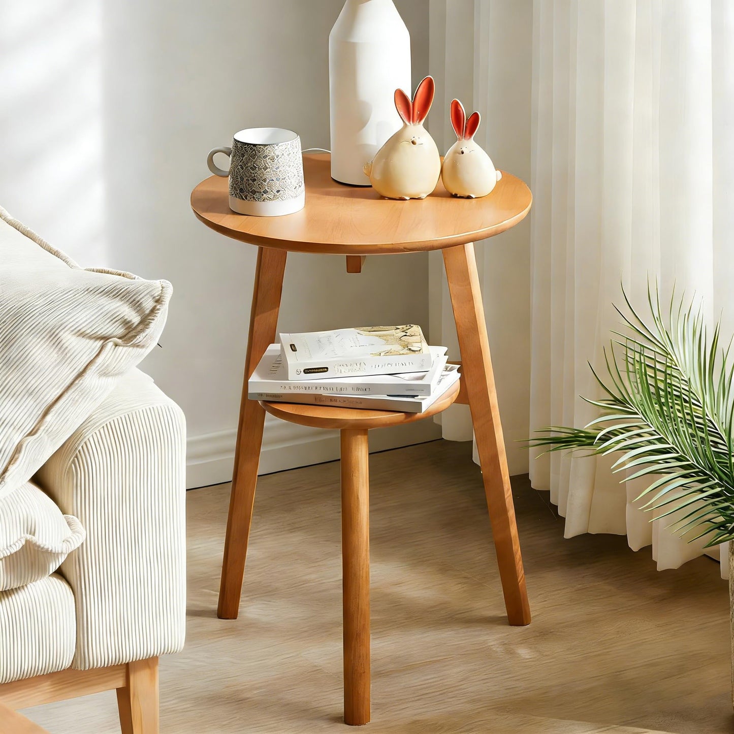 Towood Lifee Side Table, Small Round End Table with 2-Tier Shelf, Solid Wood Nightstand for Small Spaces, Mid Century Modern Accent Table for Living Room Bedroom, Natural