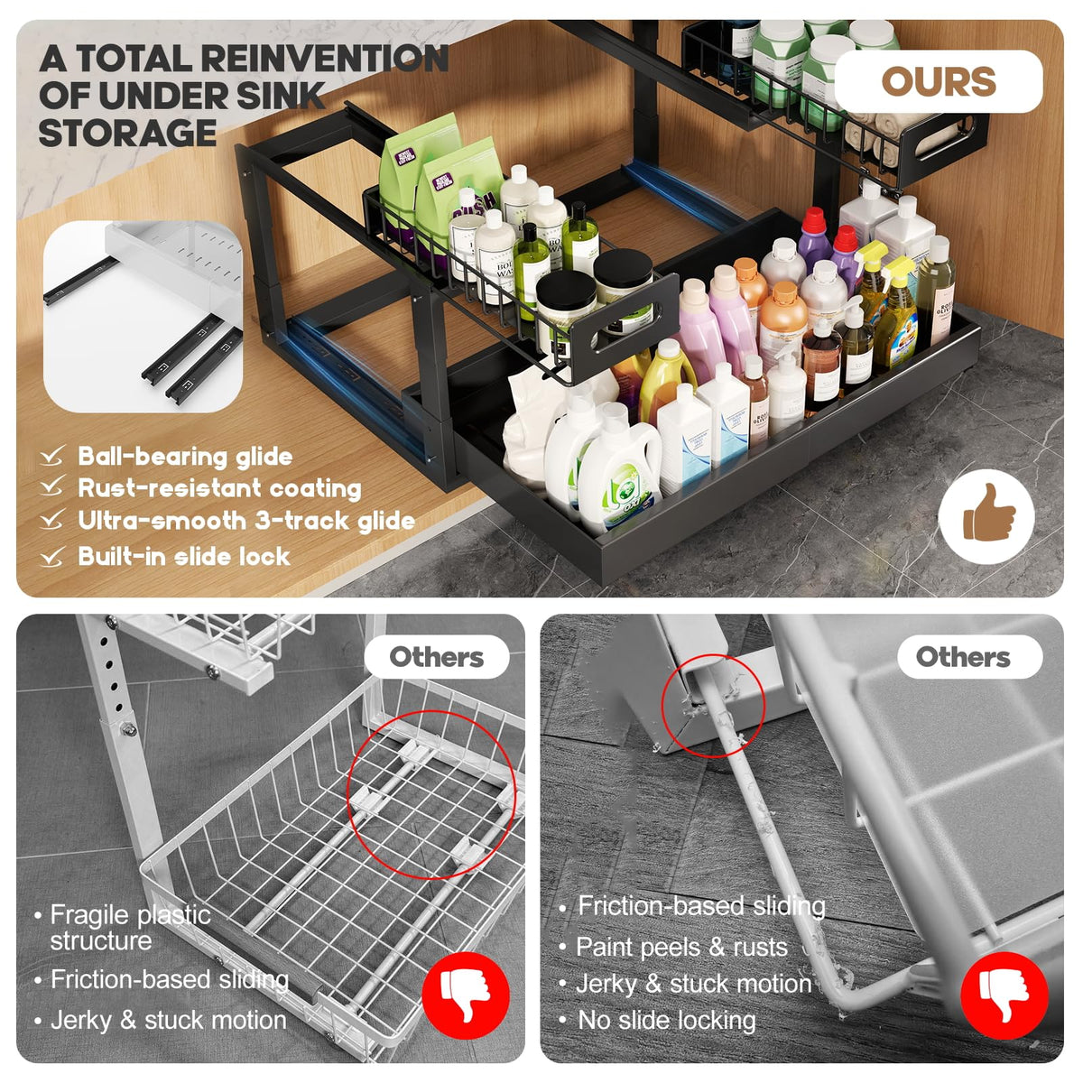 1 Pack Expandable Under Sink Organizers And Storage With Upgrade Ball-Bearing Slide Tracks,2-Tier Pull Out Under Cabinet Organizer Height Adjustable,Slide Out Under Sink Drawers-Black(Patent Pending)