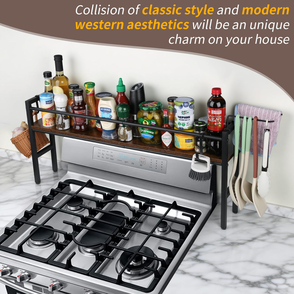 Meangood Spice Rack Shelf for Kitchen Stove, Over the Stove Shelf with 4 Hooks Extra Storage Countertop, Rustic Wood & Solid Metal Commbined Stove Shelf for Storage Seasoning, Easy to Assemble