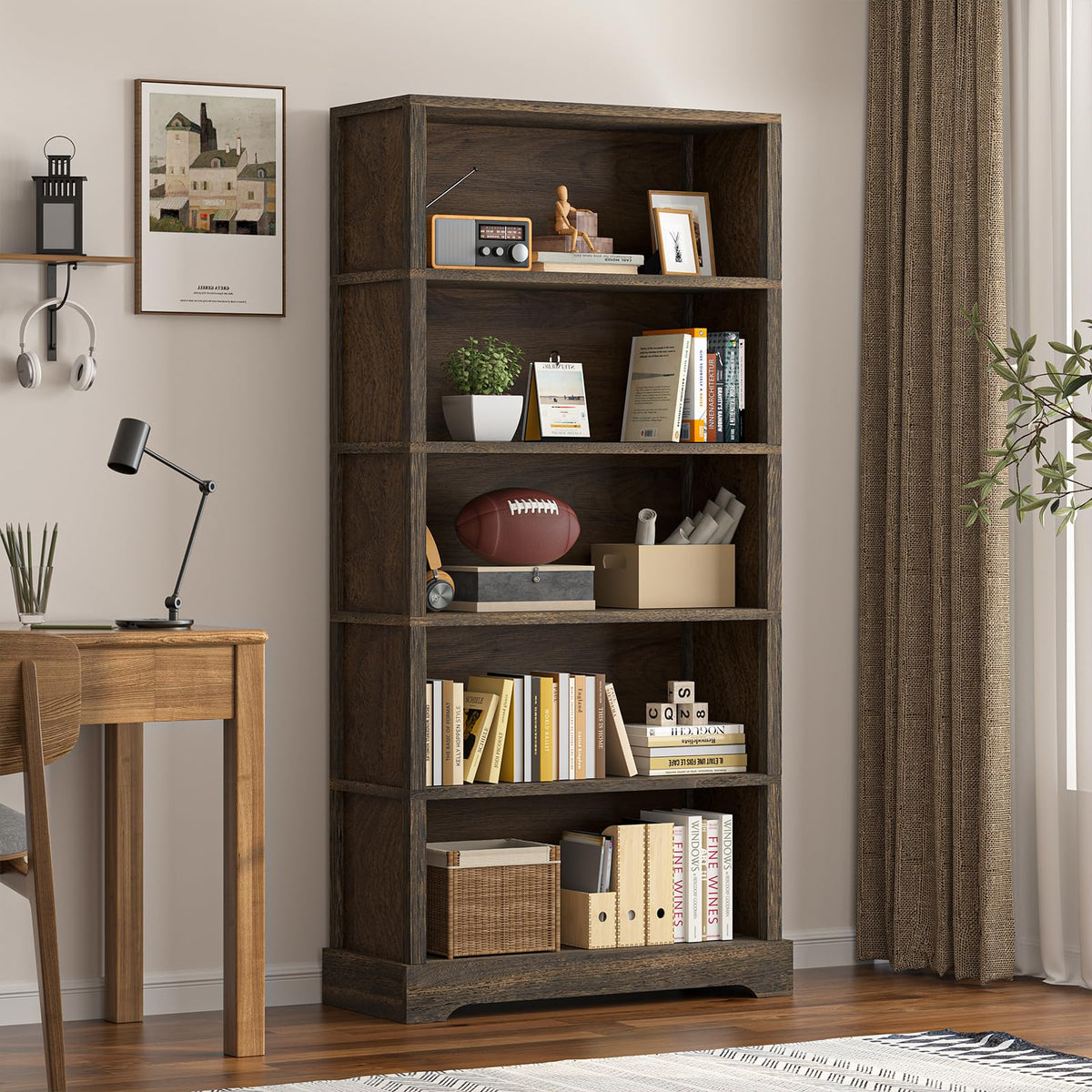 TVU 5-Tier Solid Wood Book Shelf, Floor Standing Bookcase, 65" H × 31.5" W × 11.8" D Bookshelf, Farmhouse Style Book Case with Arched Base, Suitable for Living Room, Study, Office, Walnut