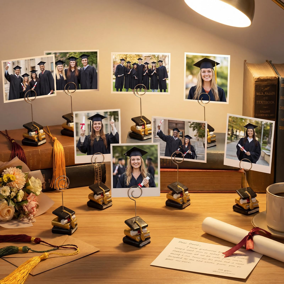 Glenmal 12 Pcs Grad Cap Picture Holders 4.53 Inches Resin Metal Graduation Picture Holders for Tables Centerpieces Grad Cap Photo Table Number Card Stands for Class of 2026 Graduation Party Supplies