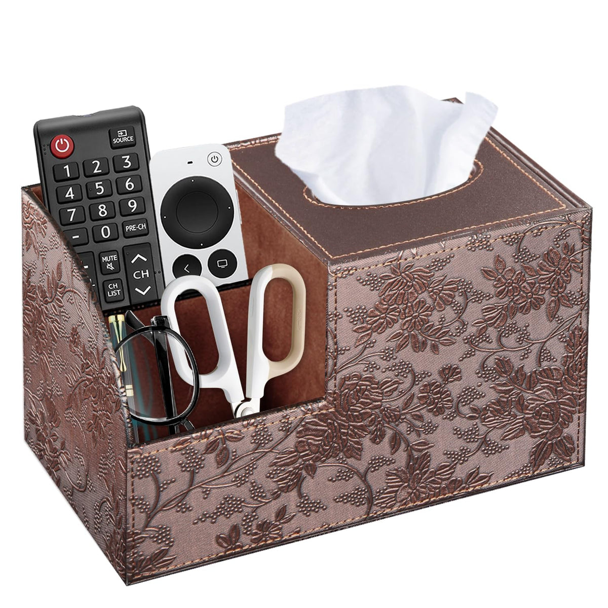 Fanousy Square Tissue Box Cover with Storage, PU Leather Cube Tissue Box Holder, Remote Control Nightstand Organizer, Modern Desk Caddy for End Table, Bathroom, Bedroom, Home, Office Decor