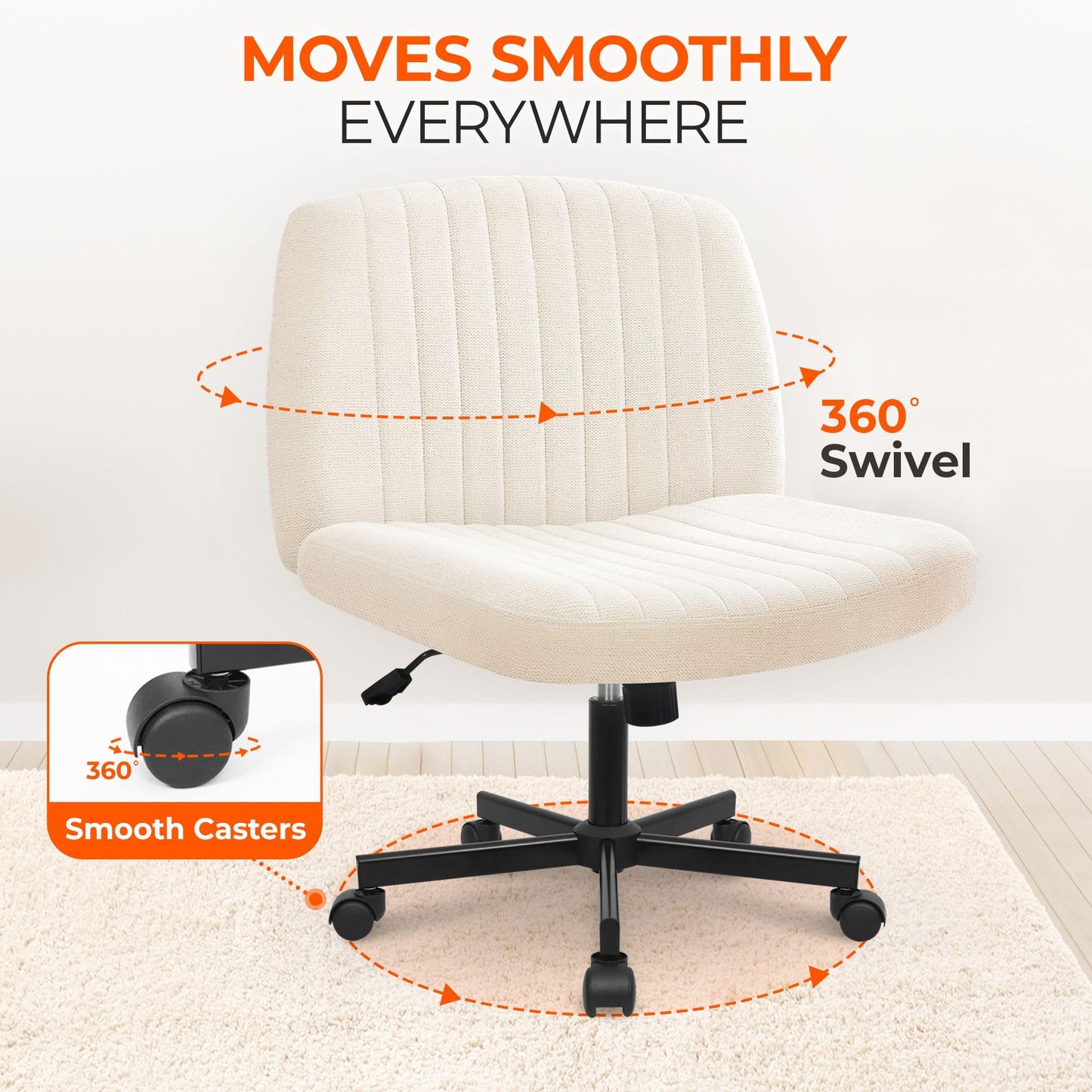 Orange Factory Criss Cross Chair Wheels Wide Cross Legged Office Desk Vanity Chair Comfy Fabric Armless Adjustable Swivel for Home Computer Task (Beige Wheel, Fabric)
