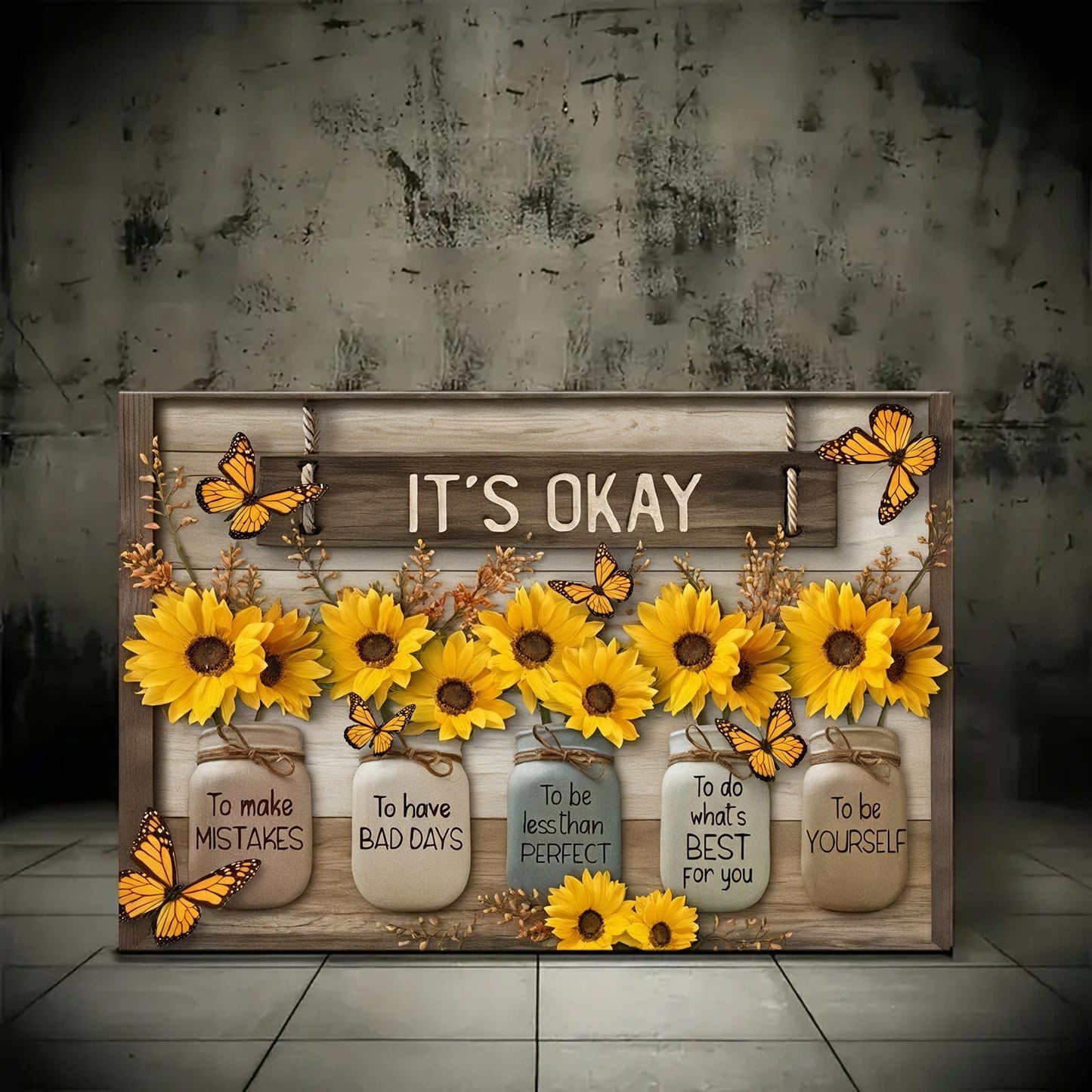 HYFBH Rustic Farmhouse Sunflower Wall Art Framed It's Okay Inspirational Quotes Post Yellow Sunflower Pictures Wall Decor Prints Artwork Canvas for Living Room Kitchen Office Ready to Hang 16x24In