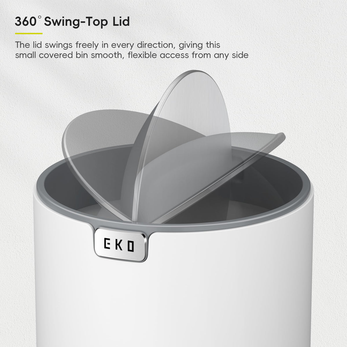EKO Mini Desk Trash Can with Swing-Top Lid 0.4 Gallon Small Table Round Wastebasket for Office, Home, Car (White)