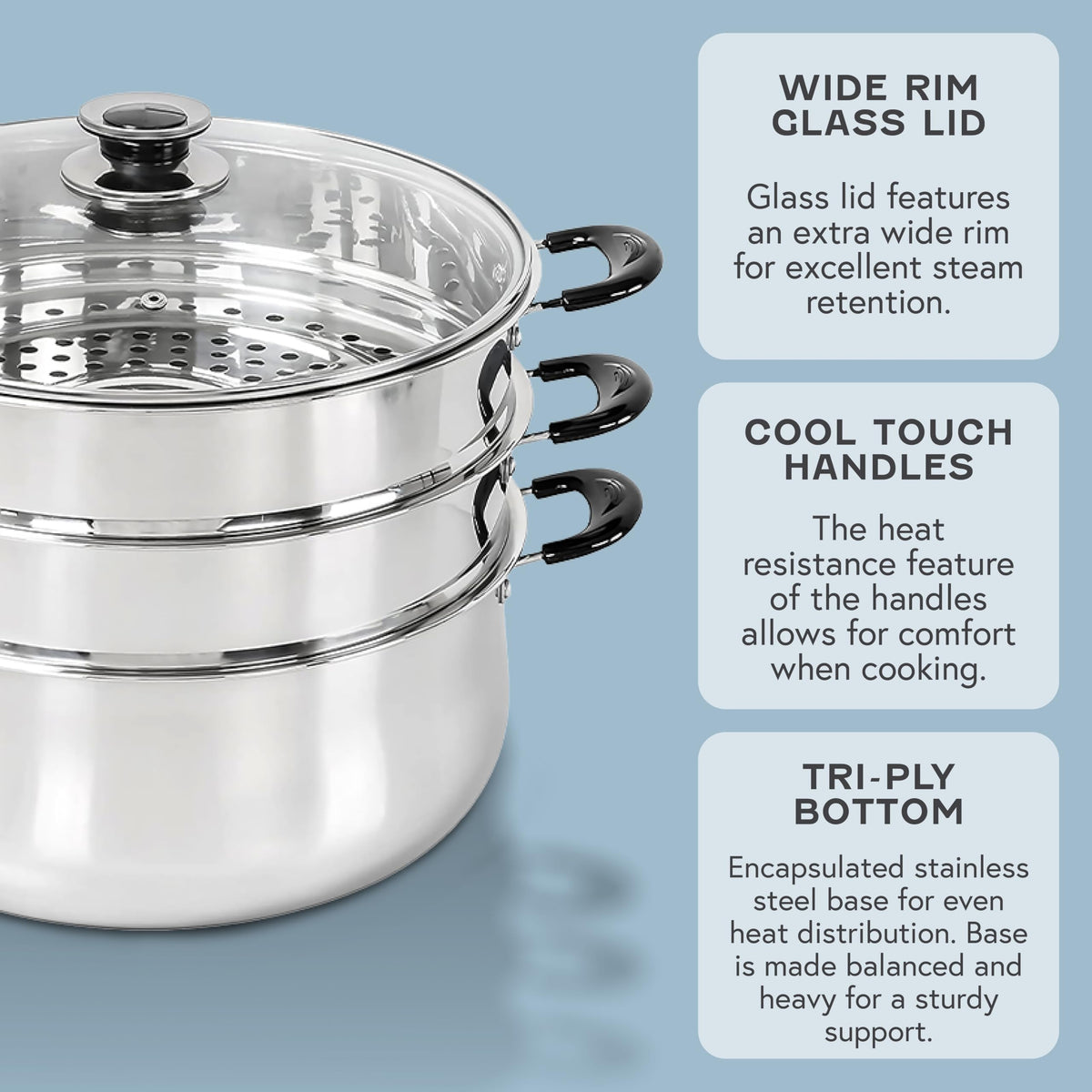 Concord 30 CM Stainless Steel 3 Tier Steamer Pot Steaming Cookware - Triply Bottom