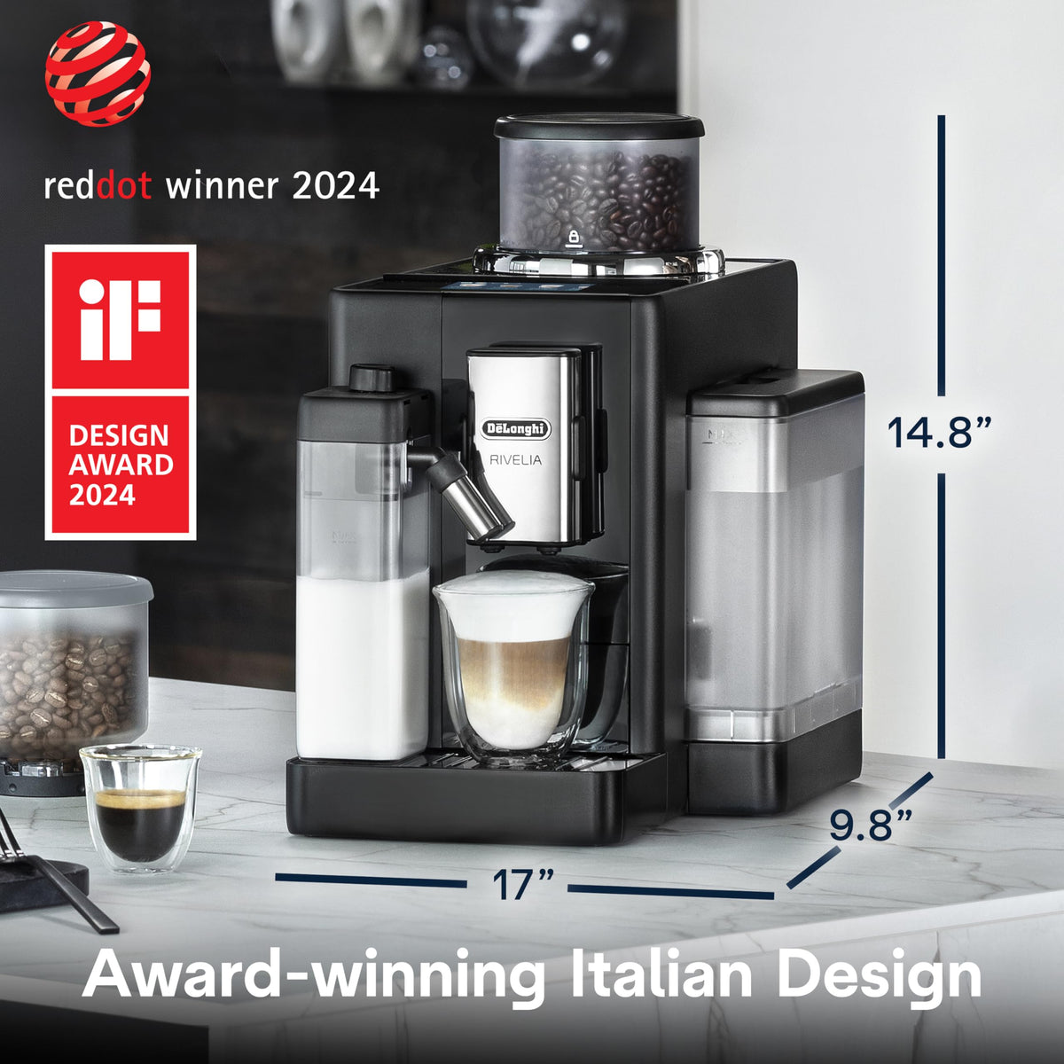 De'Longhi Rivelia Automatic Espresso Machine with Grinder & Milk Frother – All-in-One Coffee Maker, Hot & Iced Latte, Cappuccino, Bean Switch System, Burr Grinder, Compact Italian Design, Black