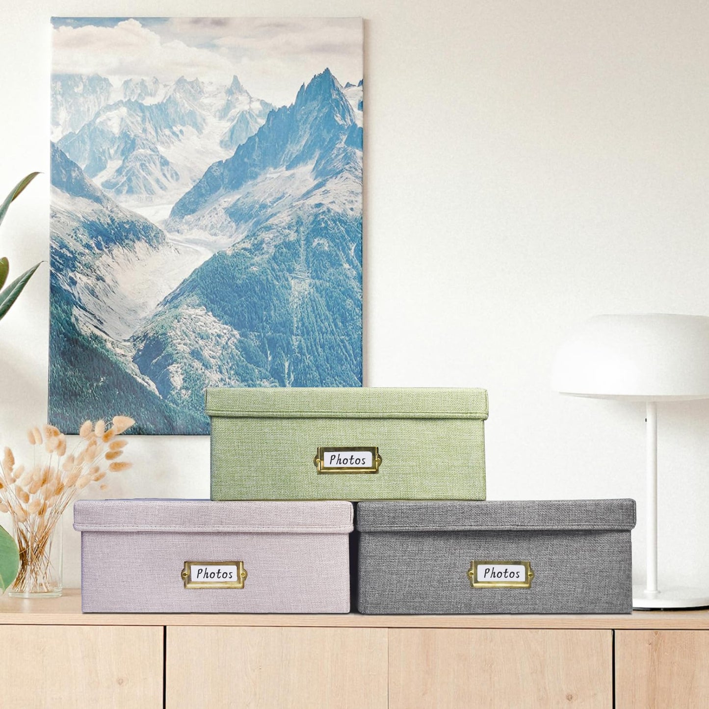 Sprsthai Linen Photo Storage Box – Holds 1700 Photos, 24 Adjustable Dividers & 72 Labels Multi-Use Organizer for Photos, Envelopes, Recipes Beige