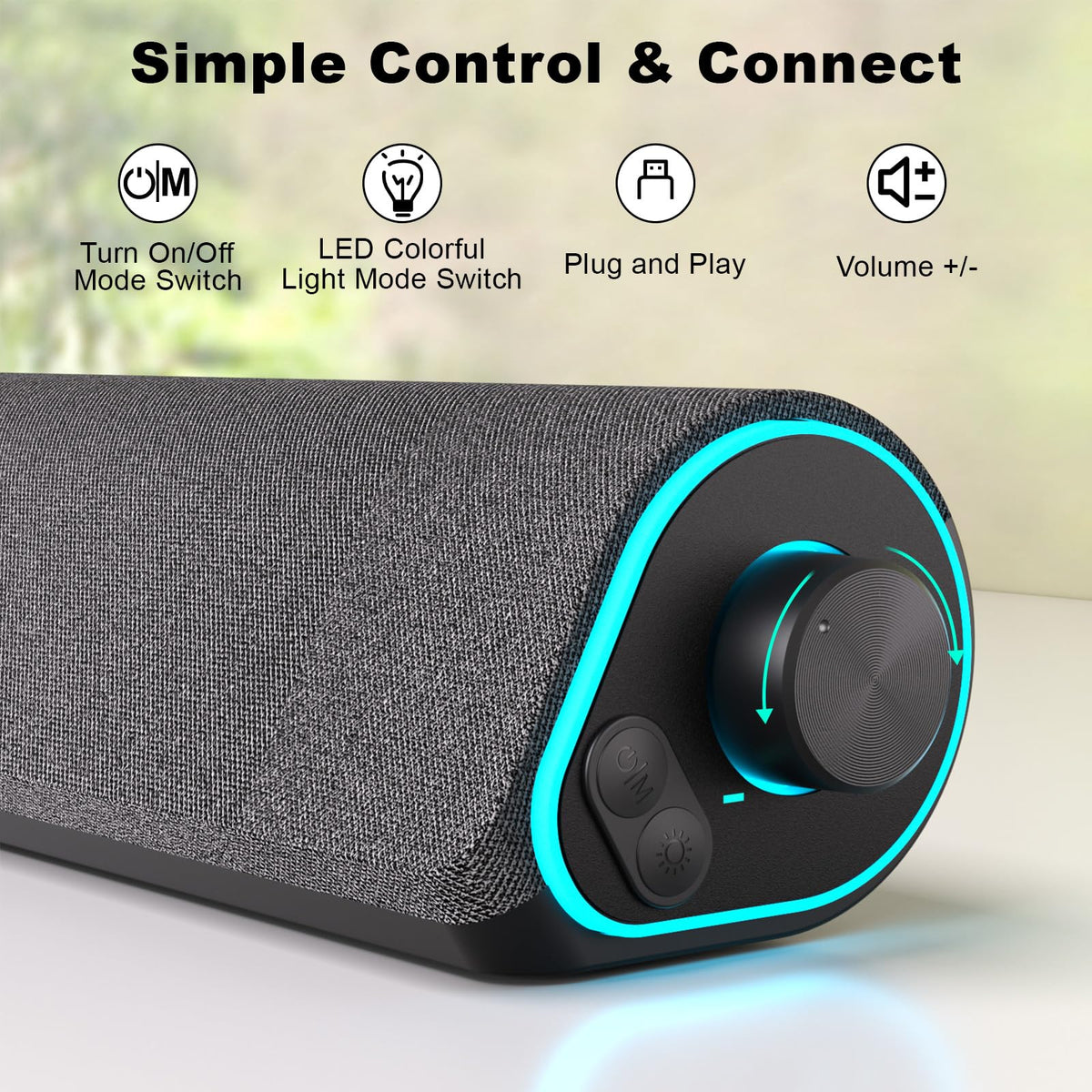 SOULION R50 Bluetooth Computer Speakers, 3.5mm PC Sound Bar for Desktop Monitor, Wired USB Powered & Colorful LED Lights with Switch Button, Surround Sound Soundbar PC Spearkers for Computer