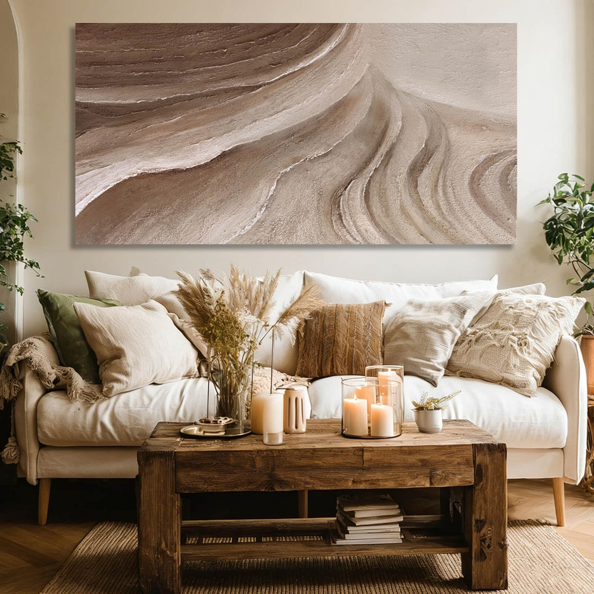 MLART99 Modern Abstract Beige and Brown Canvas Wall Art Textured Minimalist Line Painting Wave-Inspired Artwork for Living Room Bedroom Office Home Decor 24x48 Inch