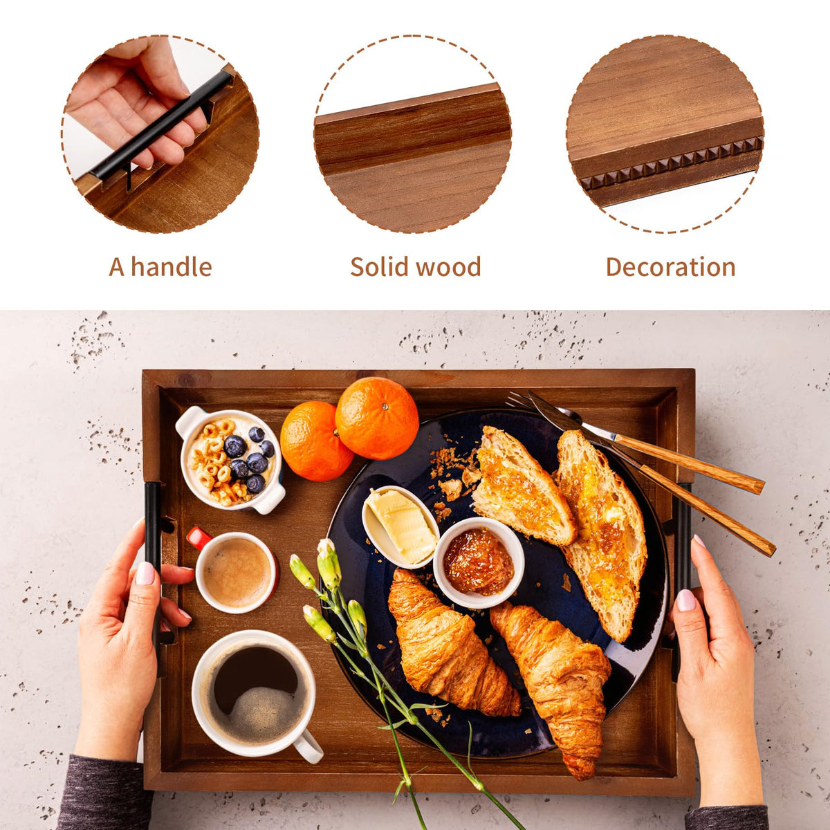 Rustic Wood Serving Tray with Handle Brown Rectangular Decorative Trays Farmhouse Charcuterie Boards Platter for Food, Fruit, and Coffee Great for Bed, Living, Coffee Table, Kitchen and Party