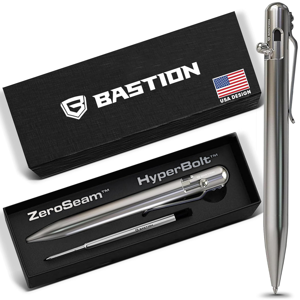 BASTION Luxury Executive Bolt-Action Ballpoint Pen for Men & Women | Ink Refillable Retractable Office Business Writing Pen | Glass Breaker Metal Self-Defense EDC (Stainless Steel)