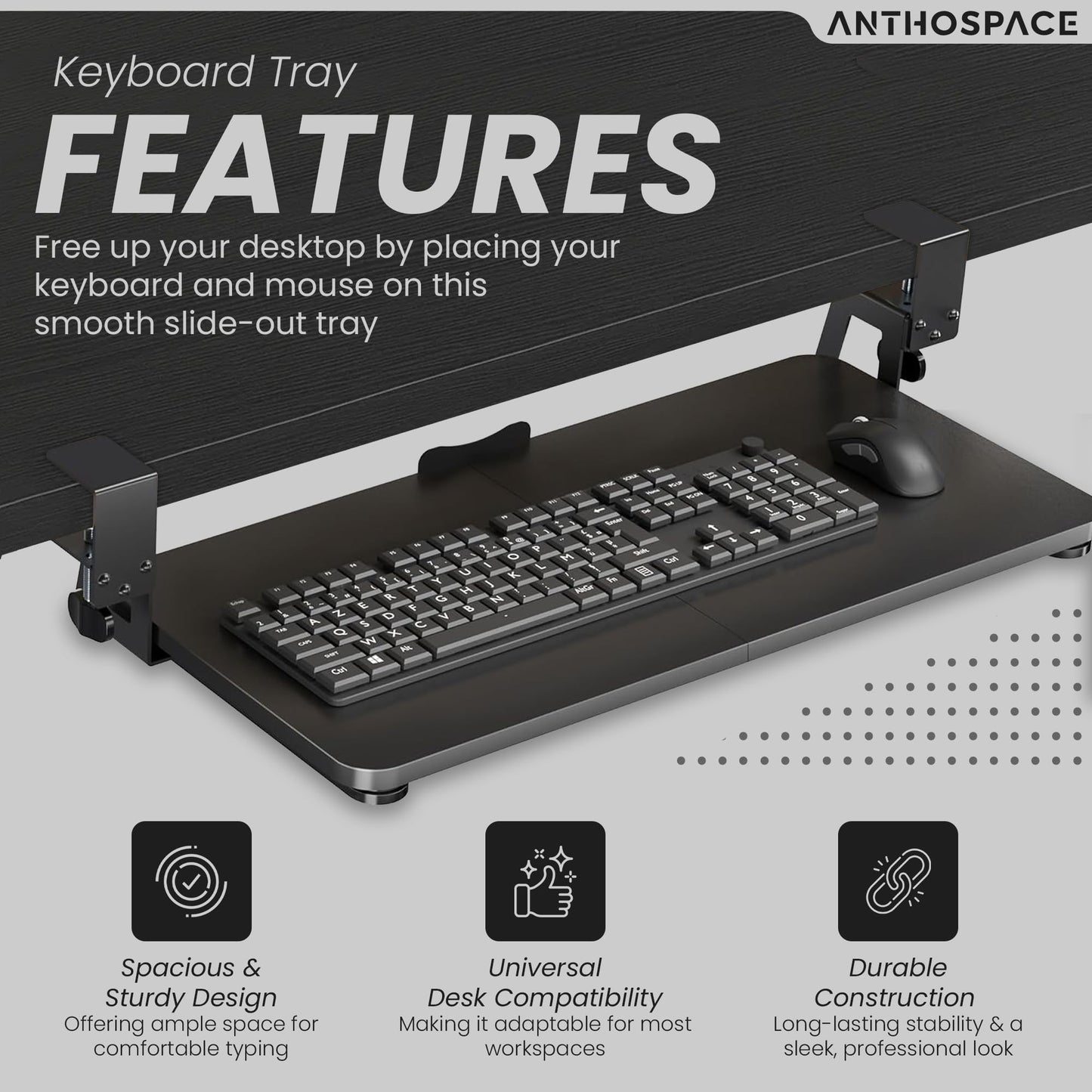 Under Desk Keyboard Tray Slide Out, Clamp On Pull Out Drawer with Mouse Space, Fits Desks 10–50mm Thick, 25 x 9.8 Inch Ergonomic Keyboard Holder for Comfortable Typing at Home or Office
