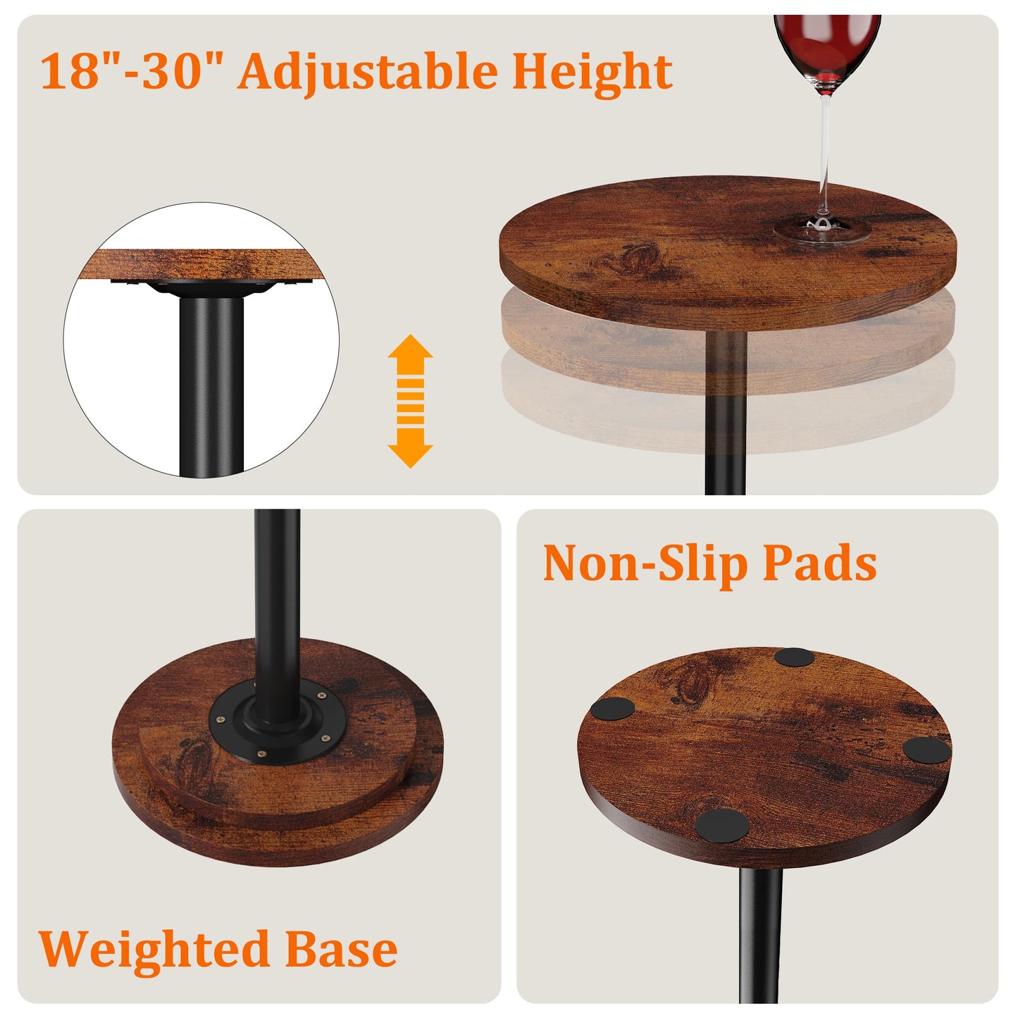 Jchccu Drink Table, Small Side Table with Adjustable Height & Heavy-Duty Design, Pedestal Martini Tables for Small Spaces, Sofa Couch, Living Room, Bedroom, Supports up to 88 lbs, Rustic Brown